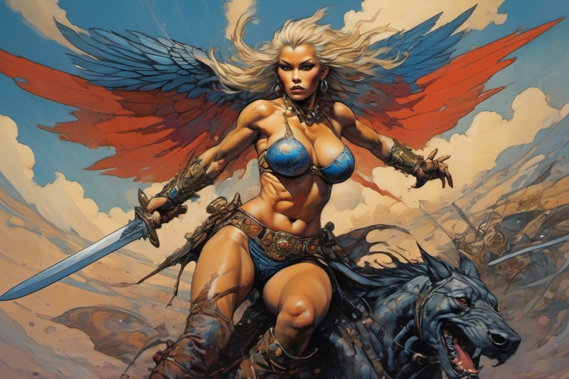 heaven poster, a warrior women, hair is wind blown, huge wings on her back, dramatic blue sky and angry lightening clouds behind her, long battle sword in her right hand, blood dripping from the sword, manga style, an oil painting, a masterpiece, art by TavitaNiko, art by Vallejo, art by Klimt , art by brom, tattoo by ed hardy, shaved hair, neck tattoos andy warhol, heavily muscled, biceps,glam gore, horror, demonic, hell visions, demonic women, military poster style, asian art, chequer board,