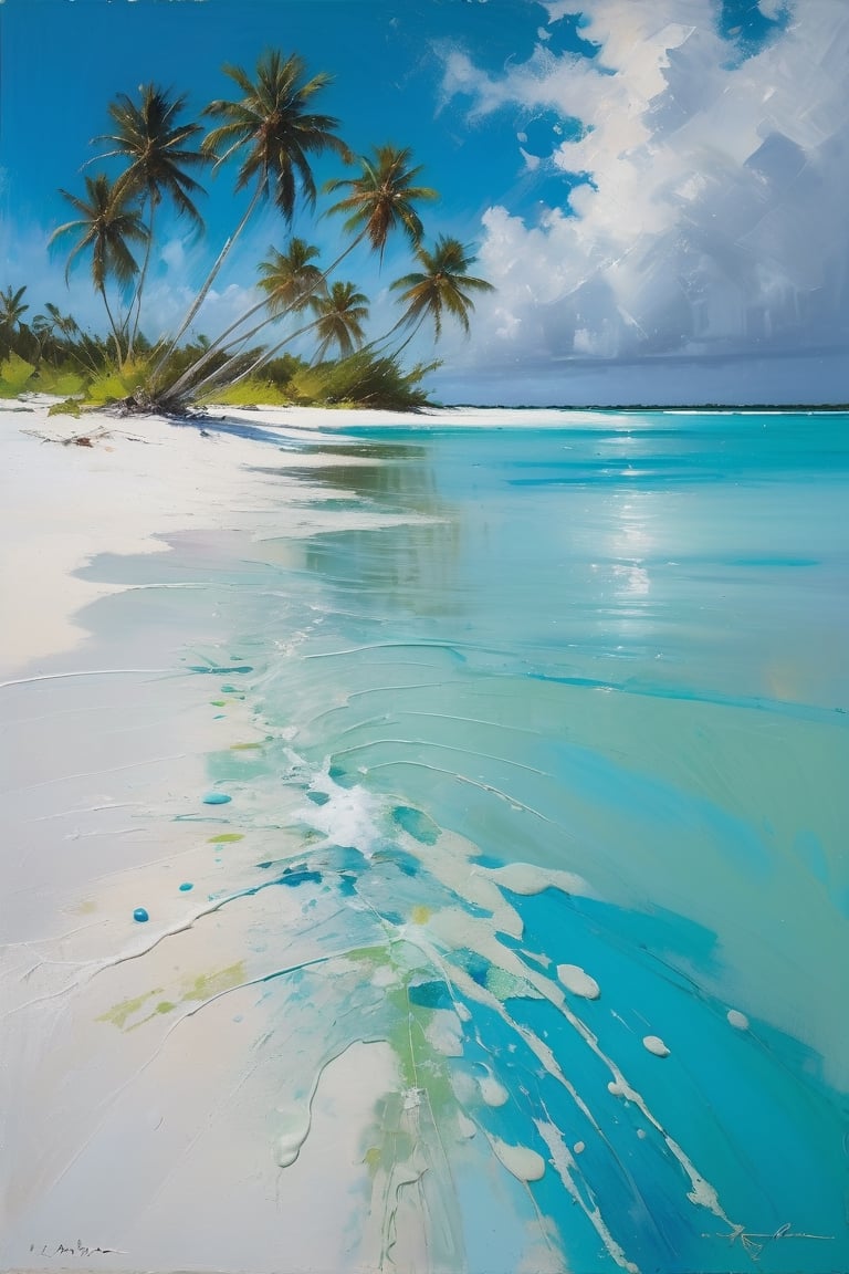 abstract, Cook Islands, as seen from the water, lagoon, white sand, palm trees, bright blue skies, green foliage, turquoise water, thick paint, block palette knife, pastel, in the style of Tony Allain, braod strokes on the knife, dots of paint, splatter, water drops, transparent in places,art by sargent,Oil painting of Mona Lisa 