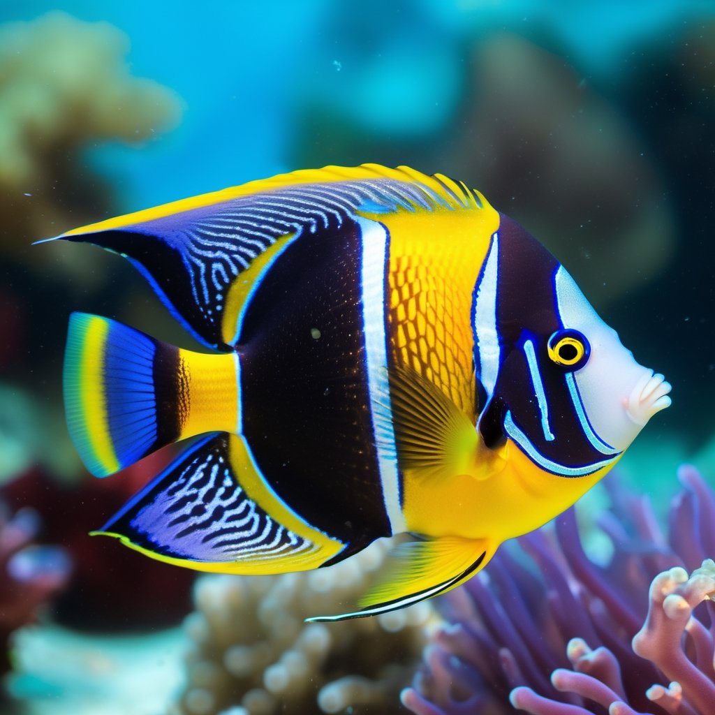 a tropical angel fish, very colourful, underwater, bubbles, seaweed, aqua water, Colourful cat ,