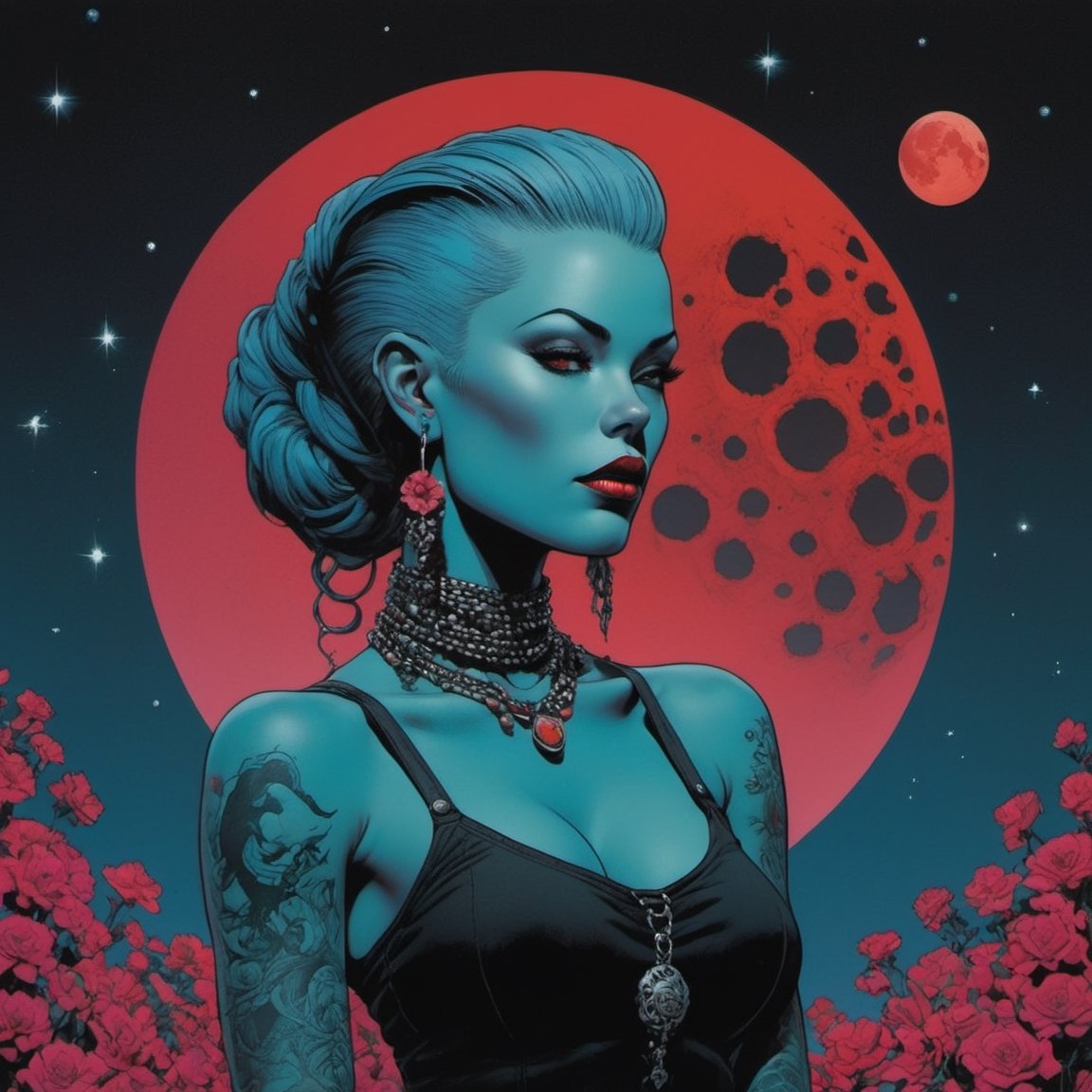 Dorothy the wizard of oz, blood moon, Horror Comics style, art by brom, tattoo by ed hardy, shaved hair, neck tattoos by andy warhol, heavily muscled, biceps, glam gore, horror, poster style, flower garden, space constellation, ,art_booster