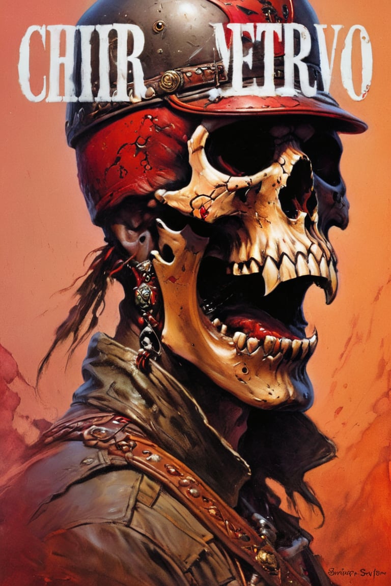 cinematic reality, film, chiarosaurio, depth of field, shadows, reflection, sparks, mists, skull with red military cap, sharp focus, detailed features, blood, tribal tattoos on the skull cheeks and jaw, 