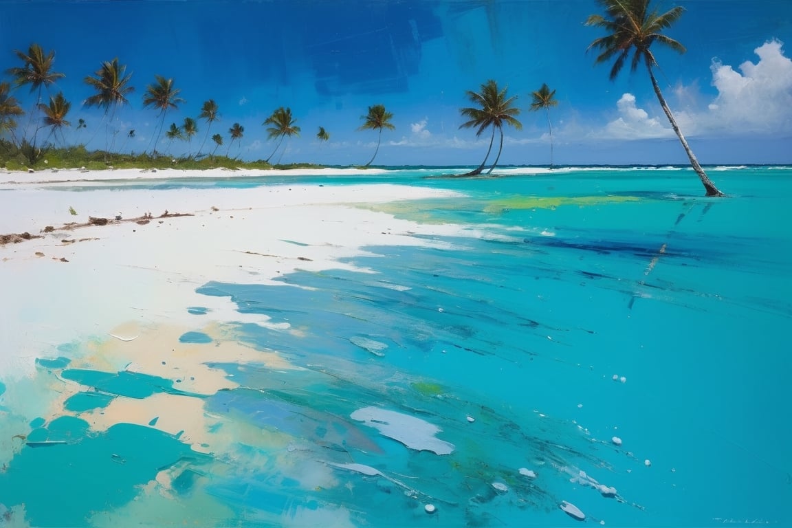 abstract, Cook Islands, as seen from the water, lagoon, white sand, palm trees, bright blue skies, green foliage, turquoise water, thick paint, block palette knife, pastel, in the style of Tony Allain, braod strokes on the knife, dots of paint, splatter, water drops, transparent in places,