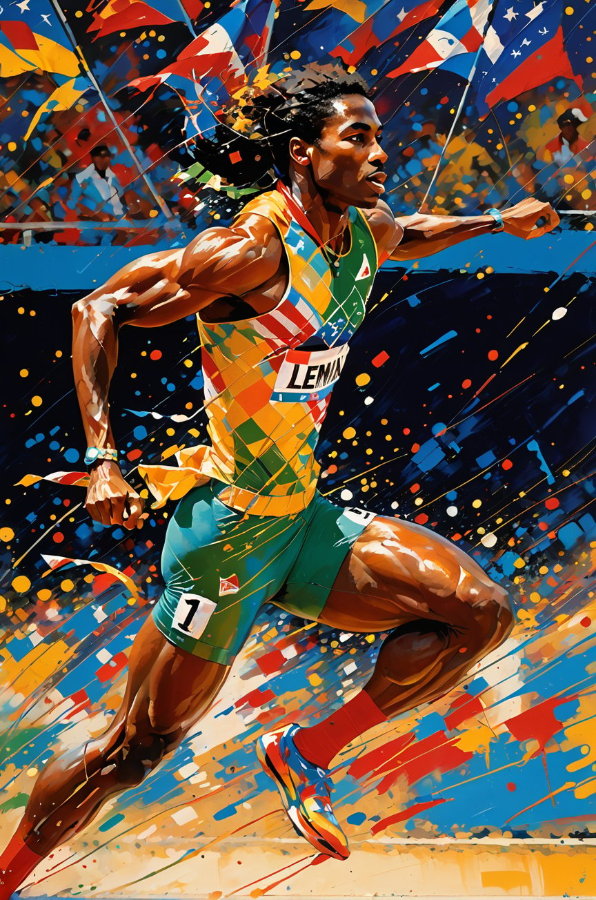 art by leRoy Neiman, colours by LeRoy Neiman,  abstract realism, a masterpiece, olympic track athlete, track and field sprint event ,wearing country of origin uniform, country of origin flags, gold medals, incredible detail, close up mid shot, an abstract oil painting, vibrant colours, stylized graffiti background, 