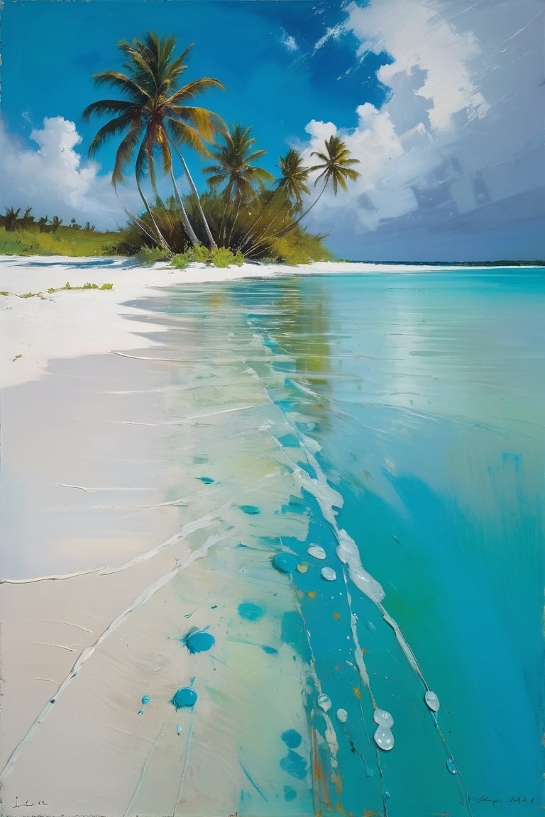 abstract, Cook Islands, as seen from the water, lagoon, white sand, palm trees, bright blue skies, green foliage, turquoise water, thick paint, block palette knife, pastel, in the style of Tony Allain, braod strokes on the knife, dots of paint, splatter, water drops, transparent in places,art by sargent,Oil painting of Mona Lisa ,Leaf