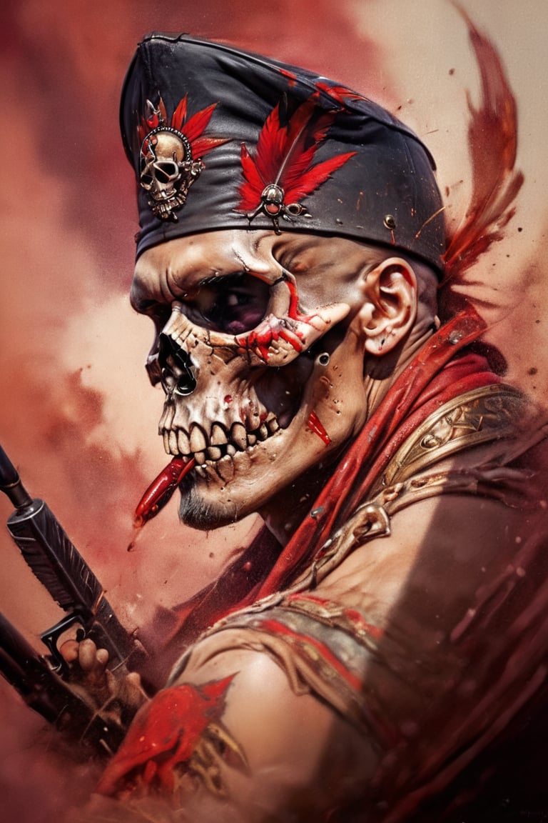 cinematic reality, film, chiarascurio, very short depth of field inches, 1000 mm tamron lens f1,8, shadows, reflection, sparks, mists, skull with red military cap, sharp focus, detailed features, blood, tribal tattoos on the skull cheeks and jaw,