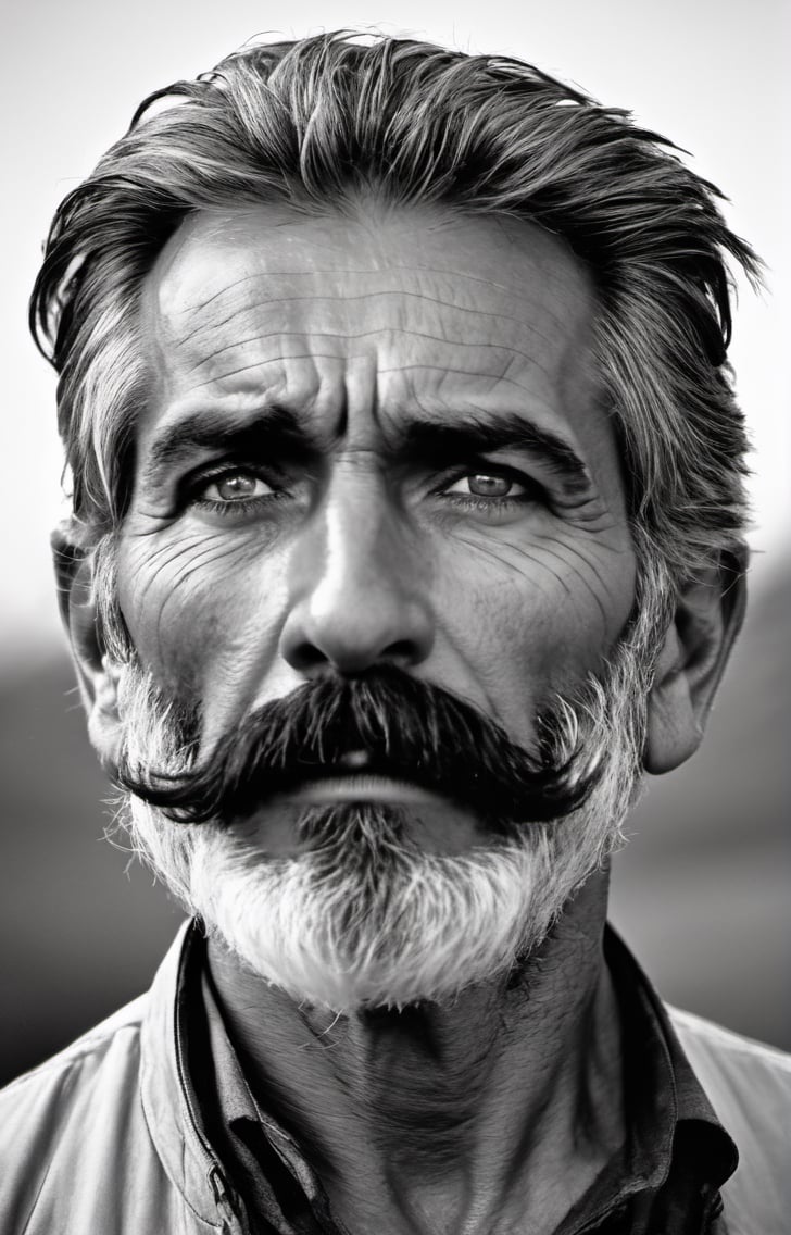 solo, looking at viewer, 1 man, monochrome, upper body, greyscale, male focus, 2 ft facial hair,2 ft beard, 12 inch mustache, old, old man, no clothing, long bushy unkempt hair, long bushy beard, wild and windswept, forlorn, lost, a worn out worried look in his eyes and face, all focus on the eyes, short 2 inch depth of field, tamron 1000 mm telephoto lens, f2.8, cinematic angle, looking from above the eyeline down back at the man, angled, 