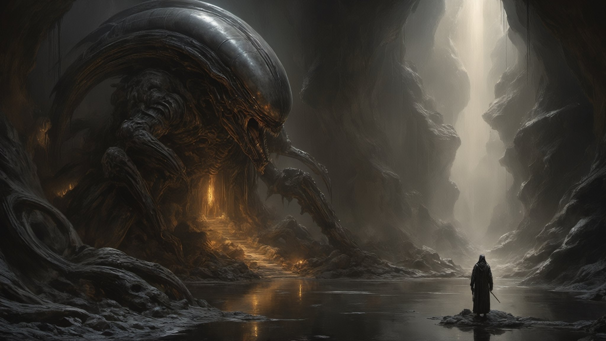 a oil painting wide shot, art by hr giger, a masterpiece, hyper-realistic oil painting of a worship site,, a xenomorph statue, a prayer site, an engineer face statue, rock formations, low lighting, intense shadows, dripping blood and sweat, messed up, battling human troopers, on a spaceship set, dark, blinking lights, dimly lit, wet, water, eerie, 