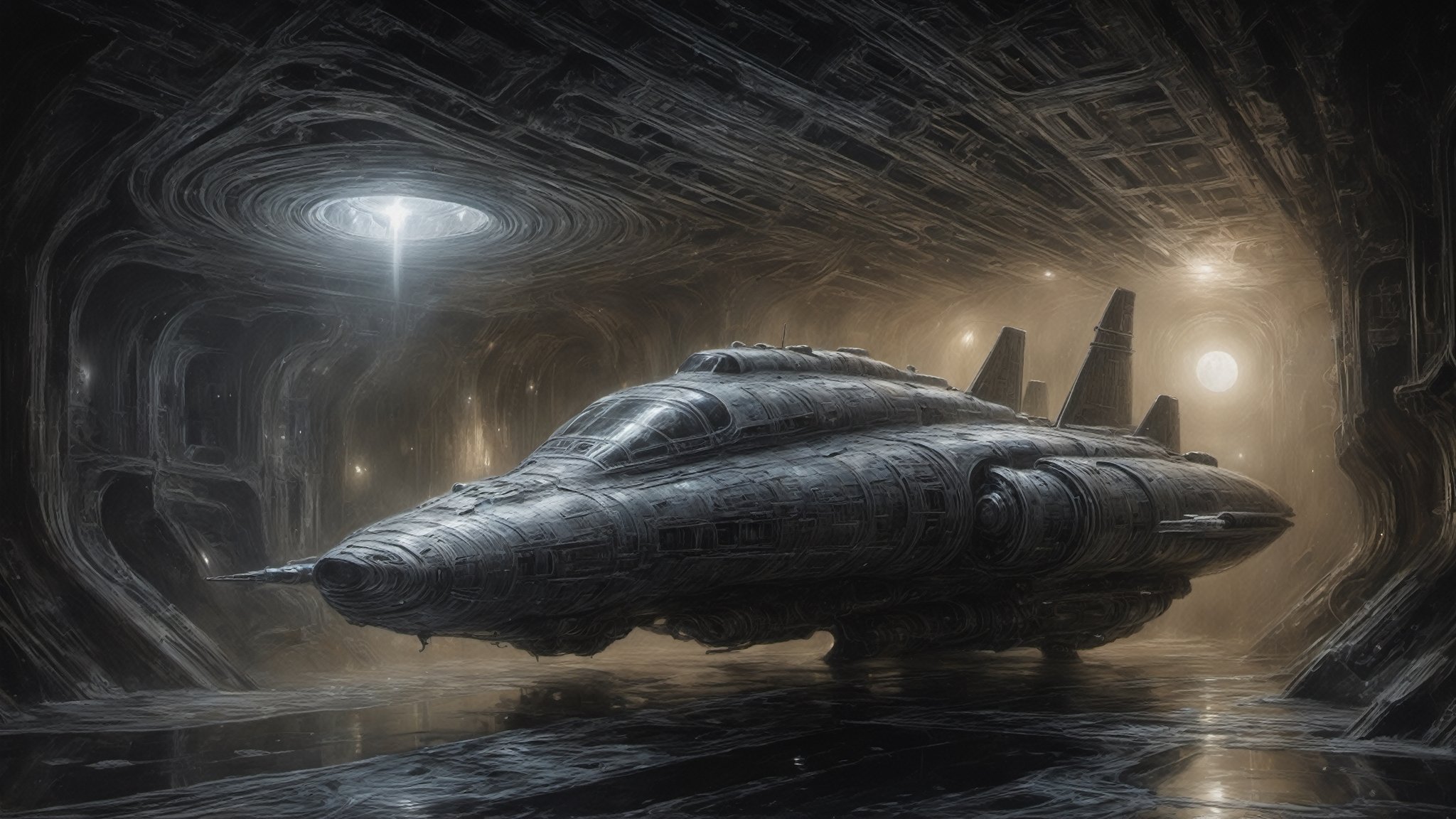 a oil painting wide shot, art by hr giger, a masterpiece, hyper-realistic oil painting, a spaceship called The Nostromo, dark, blinking lights, dimly lit, wet, water, eerie, 