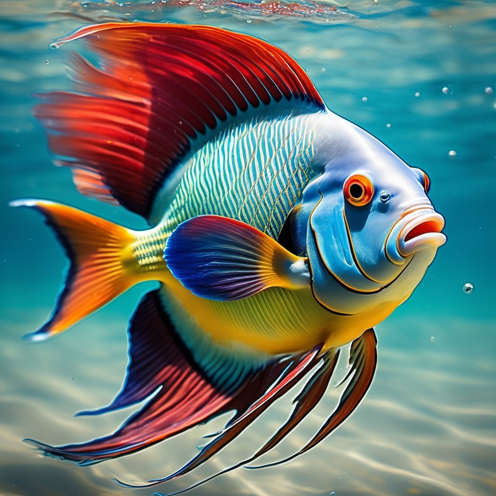 a tropical angel fish, very colourful, red tipped fins, underwater, seaweed, aqua water, Colourful cat ,