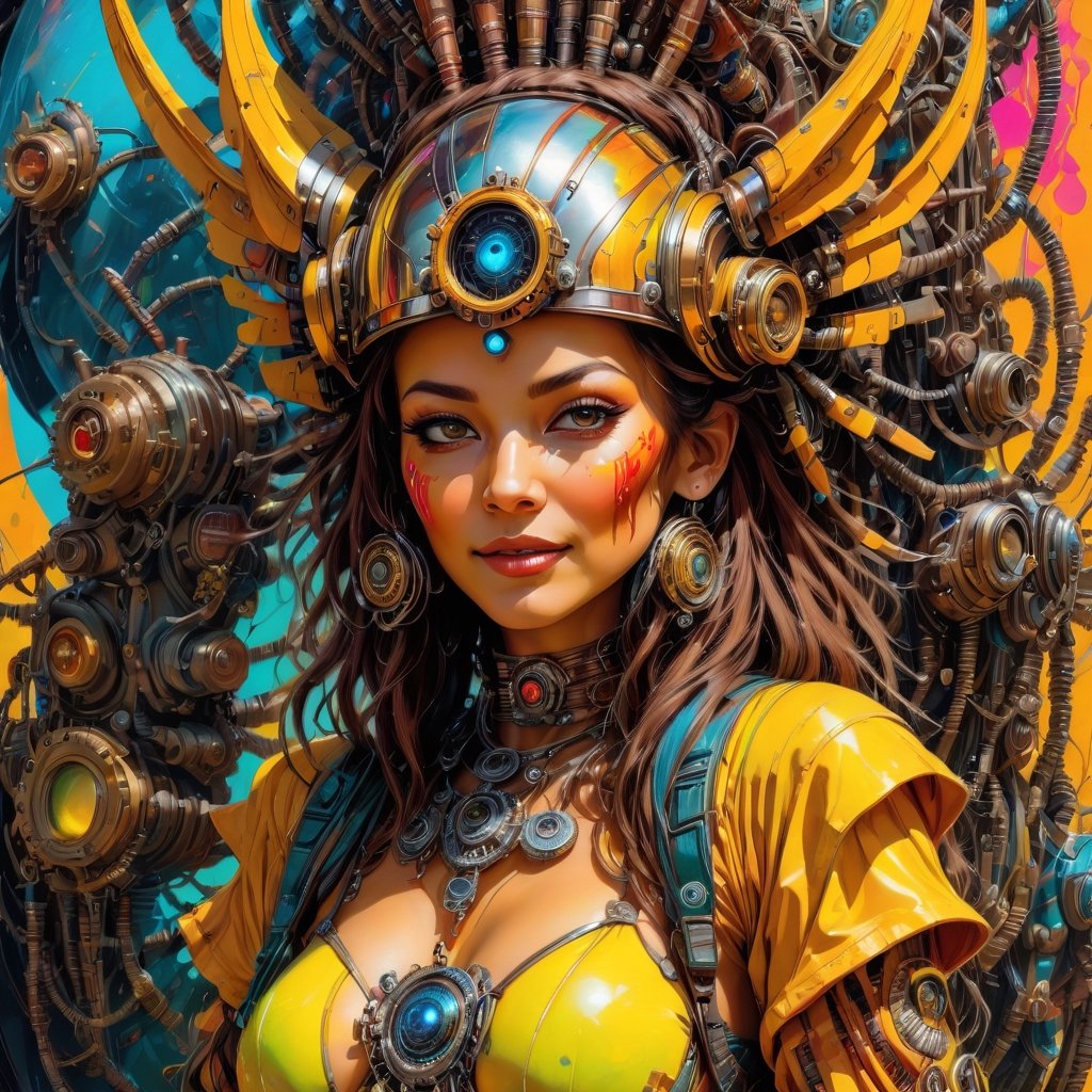 a masterpiece,  stunning beauty,  perfect face,  epic love,  Slave to the machine,  full-body,  hyper-realistic oil painting,  vibrant colors,  Body horror,  wires,   ,  native american war bonnet, a rusty and silver spotted steampunk spacesuit, women looking directly out to viewer, wry smile on her face, neon face with multiple coloured circuits on it, full face visor translucent dirty yellow colour, in the style of futuristic space, glamour,Steam punk steam punk animated gifs, xenomorph lookalike adornments, gun in hand, algorithmic artistry, frank frazetta style, perfect makeup, boris vallejo, pop art consumer culture, plain neon steampunk background, full figure pose,dripping paint,Leonardo Style,blacklight makeup,oni style