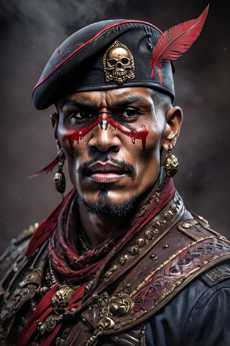 cinematic reality, film, chiarascurio, very short depth of field inches, 1000 mm tamron lens f1,8, shadows, reflection, sparks, mists, skull with red military cap, sharp focus, detailed features, blood, tribal tattoos on the skull cheeks and jaw,