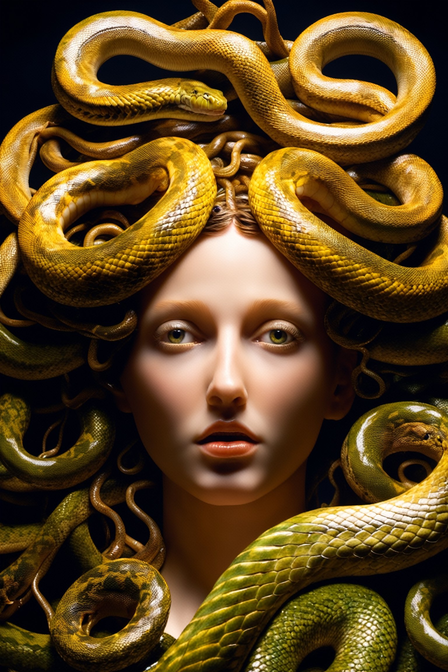 close up, masterpiece, a scene of medusa staring at the viewer(((head hair made entirely of snakes))) ((medusas hair is entirely made of snakes)) Micurus nigrocinctus