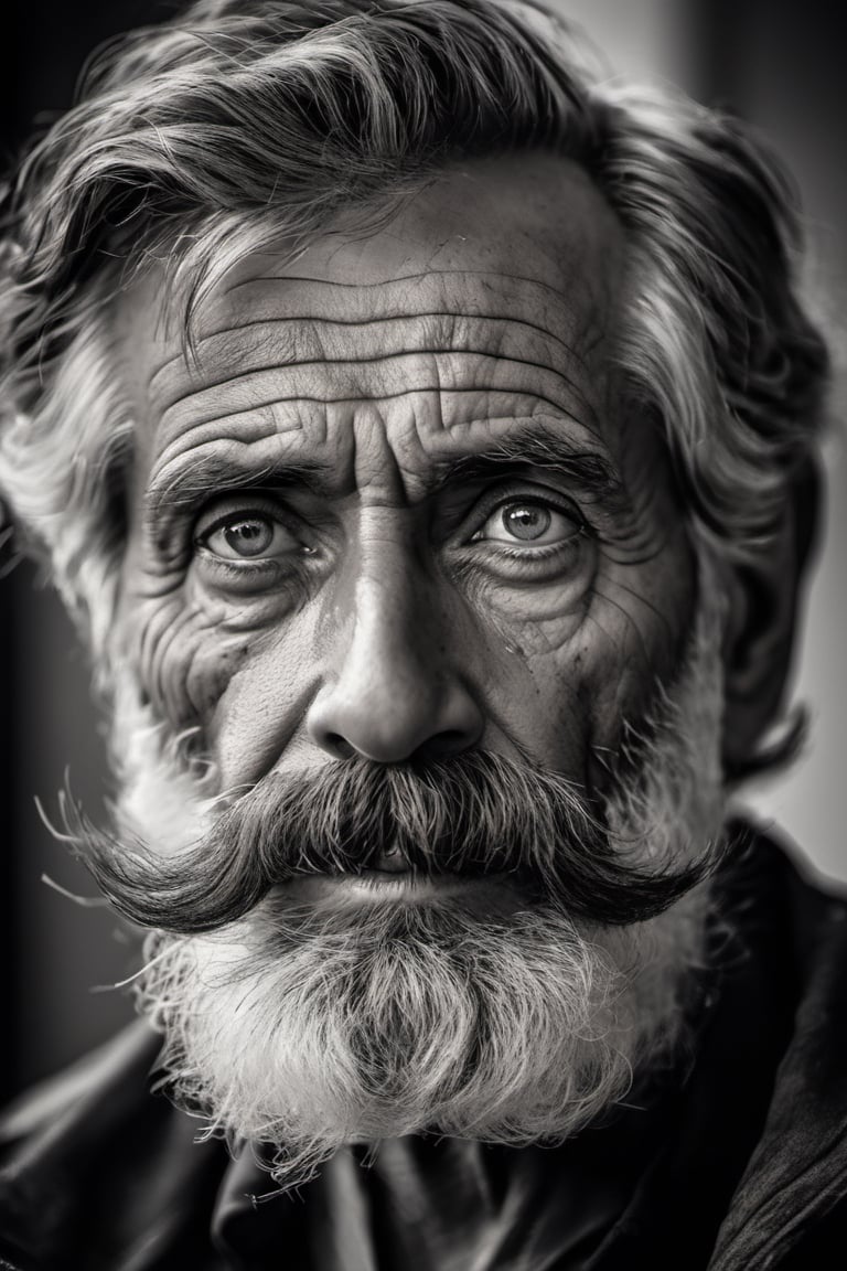 solo, looking at viewer, 1 man, monochrome, upper body, greyscale, male focus, 2 ft facial hair,2 ft beard, 12 inch mustache, old, old man, no clothing, long bushy unkempt hair, long bushy beard, wild and windswept, forlorn, lost, a worn out worried look in his eyes and face, all focus on the eyes, short 2 inch depth of field, tamron 1000 mm telephoto lens, f2.8, cinematic angle, looking from above the eyeline down back at the man, angled, extreme close up shot,  eyes only, 