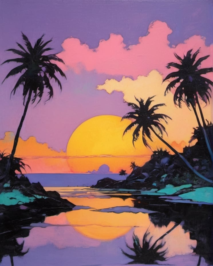 art nouveau style, an oil painting, a masterpiece, miami vice style palm trees, Sun setting behind them, art by TavitaNiko, art by mel odom, art by Klimt , art by brom, art by Warhol, art by frazetta, poster style, lilac, pink, mint, yellow m-white,