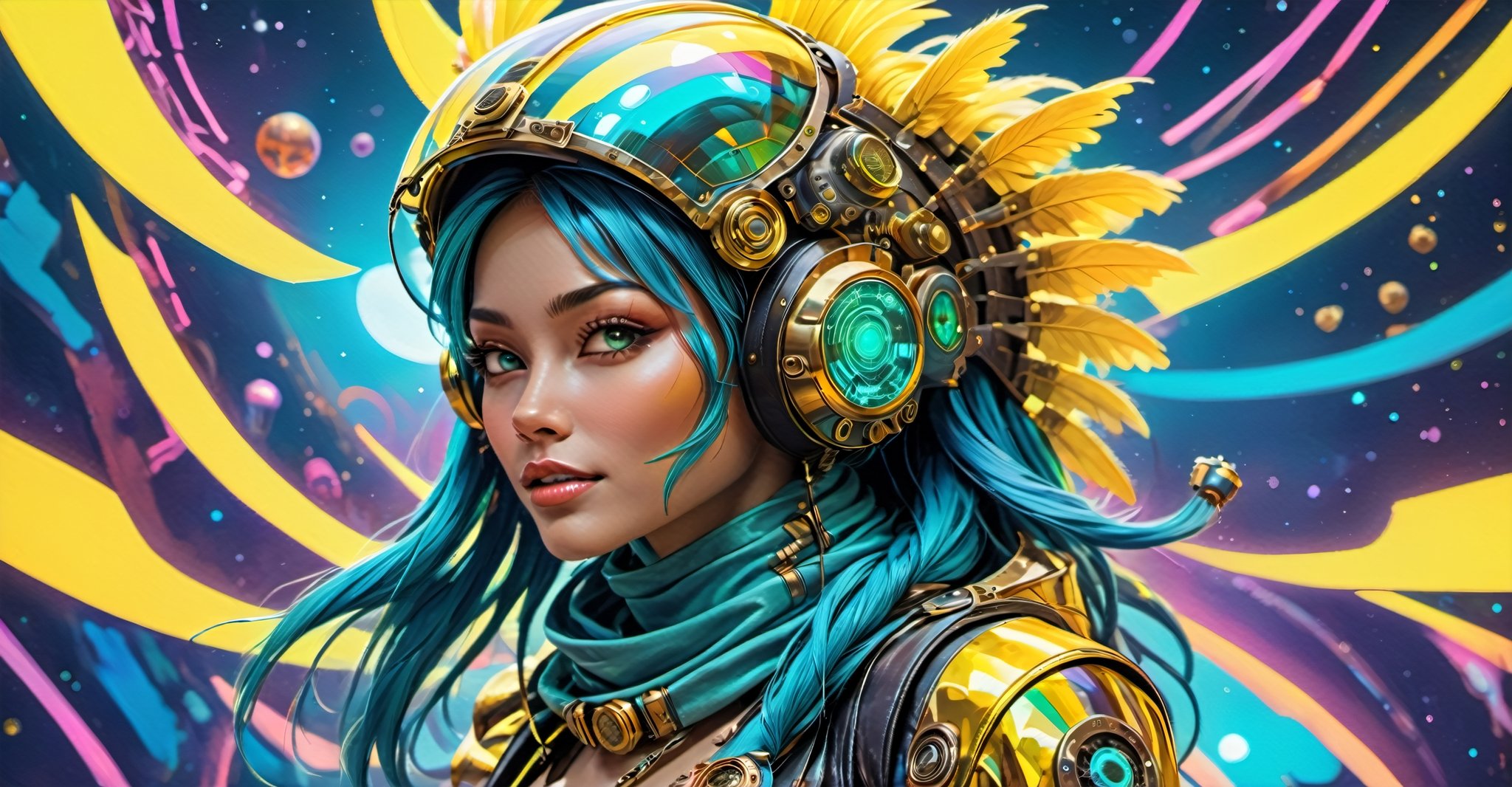 a masterpiece, stunning beauty, perfect face, epic love, Slave to the machine, full-body, hyper-realistic oil painting, vibrant colors, Body horror, wires, , native american war bonnet, a rusty and silver spotted steampunk spacesuit, women looking directly out to viewer, wry smile on her face, neon face with multiple coloured circuits on it, full face visor translucent dirty yellow colour, in the style of futuristic space, glamour, Steam punk steam punk animated gifs, xenomorph lookalike adornments, gun in hand, algorithmic artistry, frank frazetta style, perfect makeup, boris vallejo, pop art consumer culture, plain neon steampunk background, full figure pose, dripping paint, Leonardo Style, blacklight makeup, oni style,monster,HellAI,IncrsXLRanni,Xxmix_Catecat,DonMD3m0nXL ,Stylish,underboob,hustler,more detail XL,portrait_futurism,DonMChr0m4t3rr4XL 