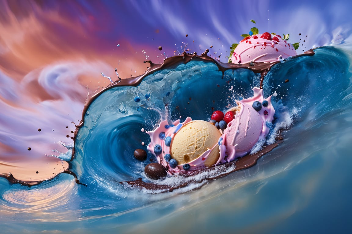 a macroscopic photograph of strawberry ice cream with cherry cream, ice cubes, maraschino cherries, blueberries, lychees , hundreds and thousands, dark chocolate sauce, nuts, mint leaves, splashing dark chocolate sauce, in a gradient honey  coloured background, fluid motion, dynamic movement, cinematic lighting, palette knife, digital artwork by Beksinski,action shot,sweetscape, 3D, oversized fruit, caramel theme, art by Klimt, airbrush art, food photography, food explosion background