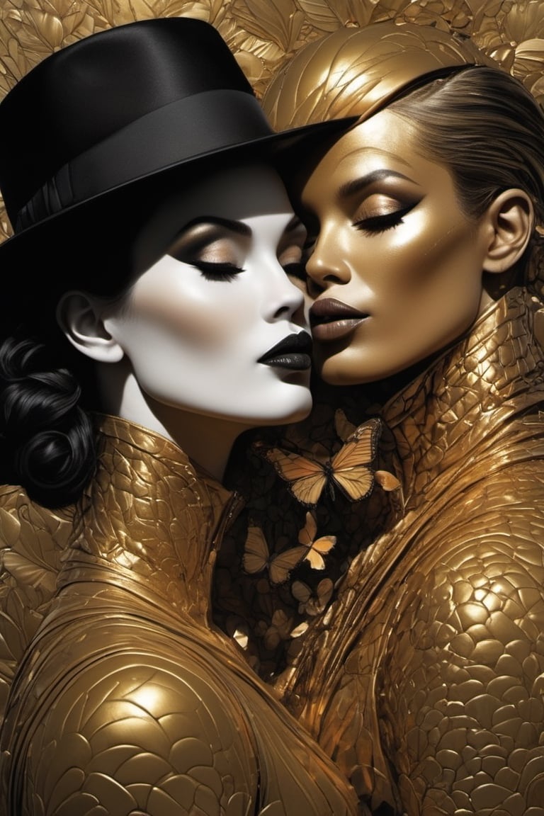 vogue cover art, black n white and gold kiss,  Horror Comics style, art by Klimt , art by glen Keane, smiling, gold transparent aviator sunglasses, fedora hat, heavily muscled, biceps, glam gore, horror, poster style, flower garden, ((Easter eggs, oversized monarch butterflies, tropical fish, flower garden))