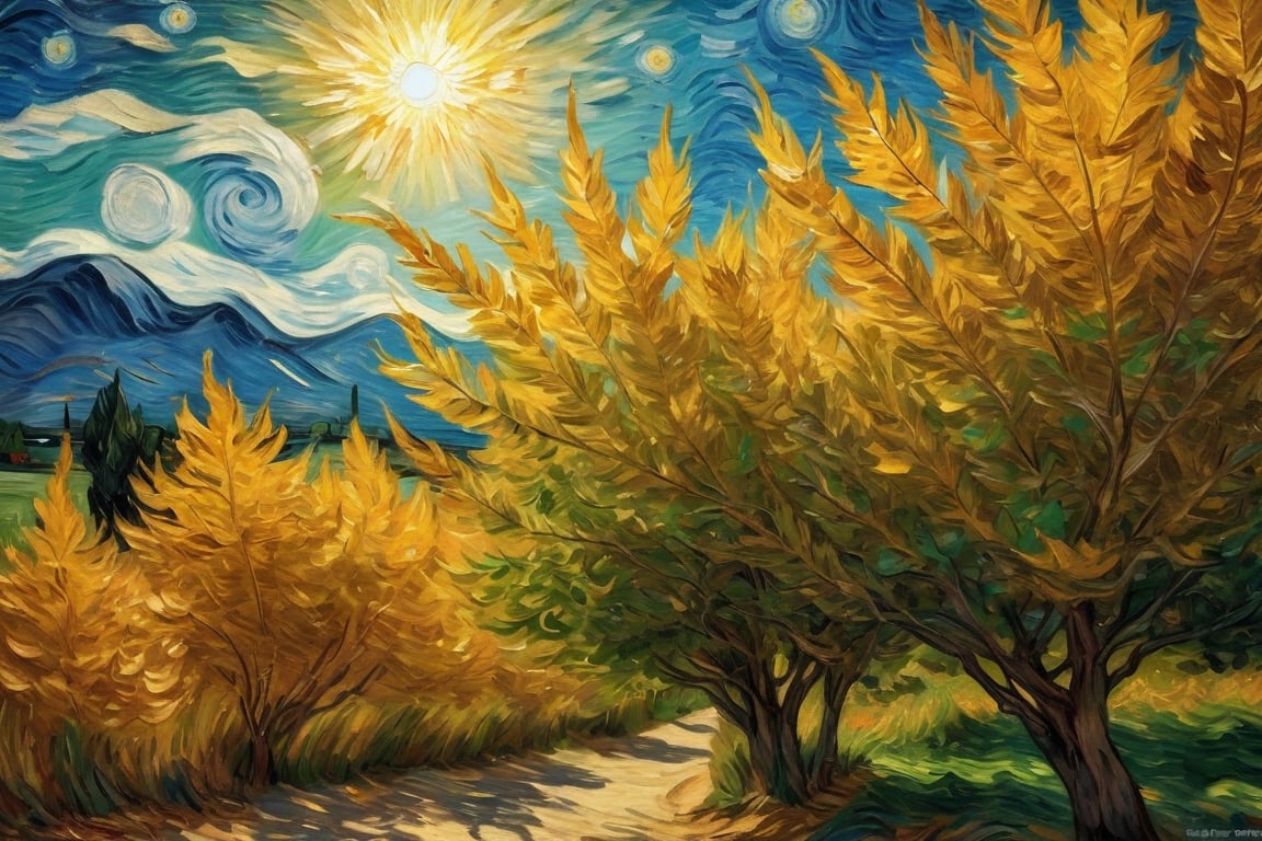 By Van Gogh, Sun, wind, sunny day, oil paint painting, highly detailed, sharpness, dynamic lighting, super detailing, van gogh starry nights background, painterley effect,Oil painting of Mona Lisa ,Leaf,art by sargent