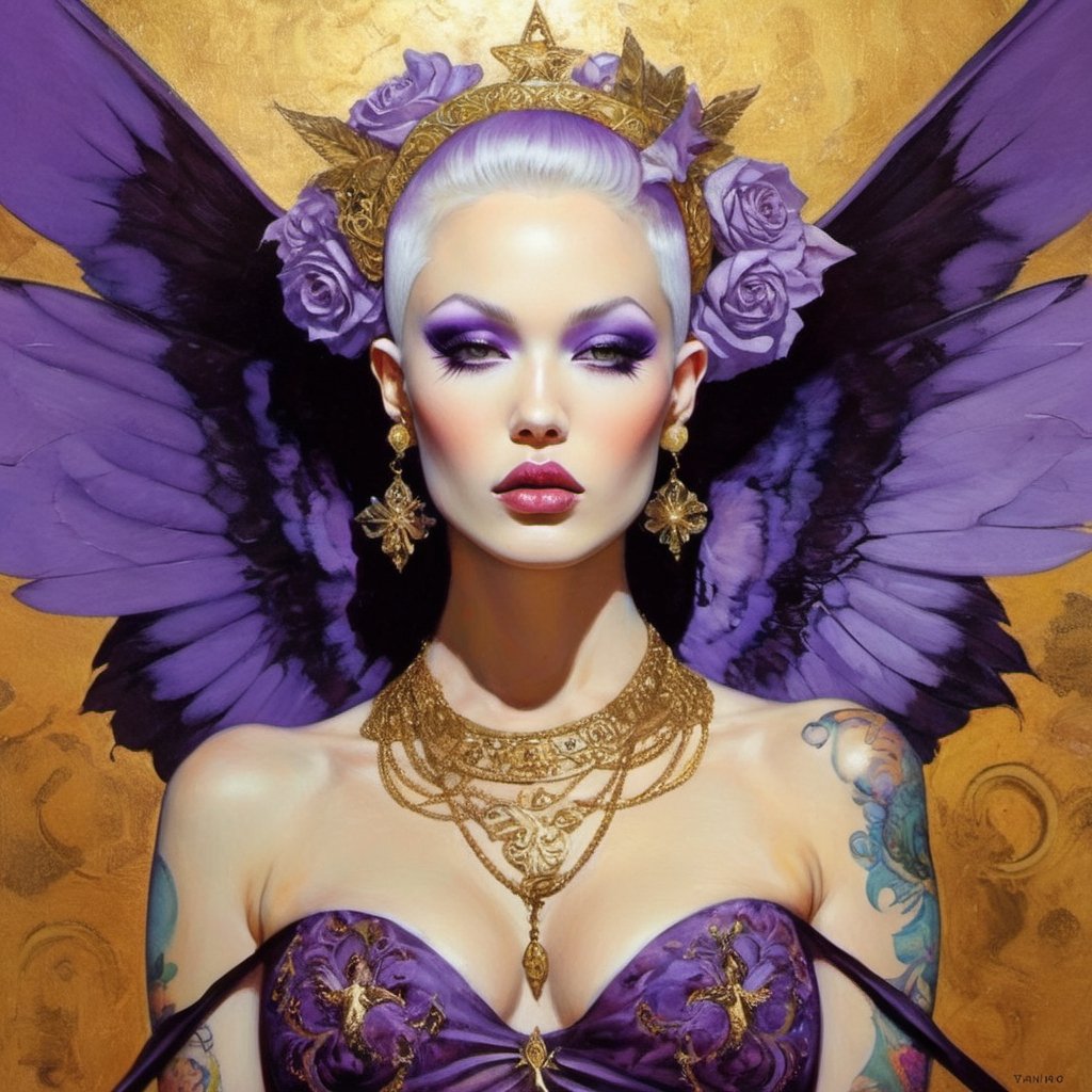  vogue style, a masterpiece, art by TavitaNiko, art by Vallejo, art by Klimt , art by brom, tattoo by ed hardy, shaved hair, neck tattoos by andy warhol, horror, demonic, heaven visions, angelic women, biblical art, angel wings, purple, gold filigree, Star shapes in background, 