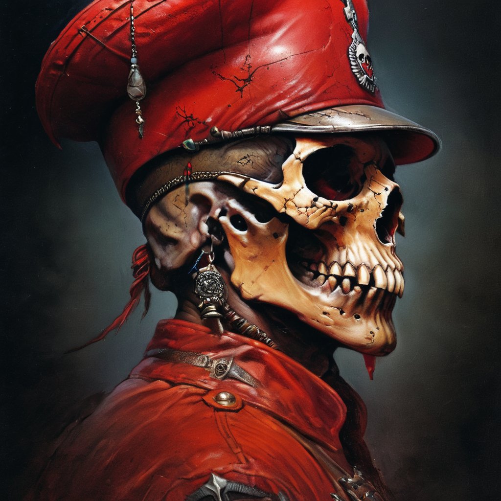 cinematic reality, film, chiarosaurio, depth of field, shadows, reflection, sparks, mists, skull with red military cap, sharp focus, detailed features, blood, tribal tattoos on the skull cheeks and jaw, 