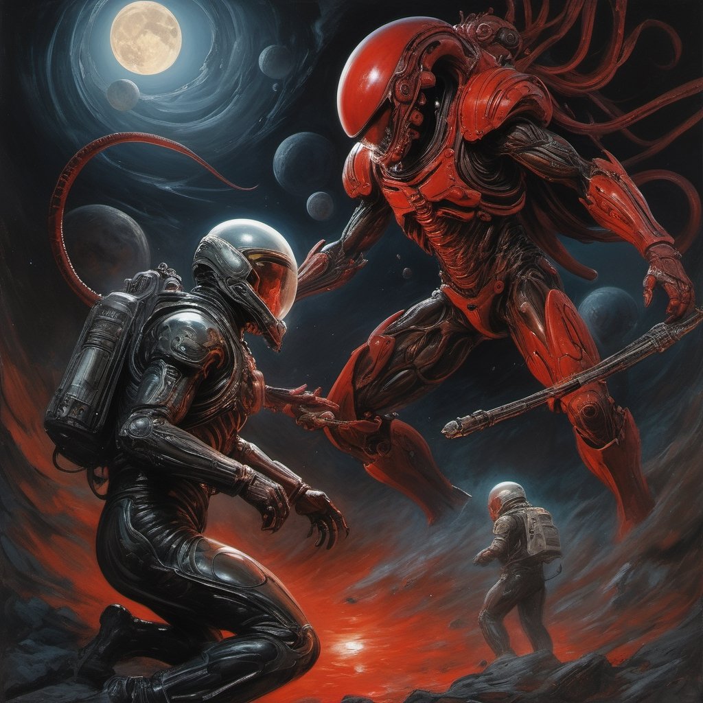 battle between enemies at night, two full moons in the sky, xenomorph, moonlight, intense shadows, dripping blood and sweat, drooling, mess, fighting with military astronauts in red spacesuits, oil portrait, work by H.R. Giger, masterpiece, hyperrealistic oil painting, 18 mm wide angle lens, f2. 8, motion blur for one full second, intense glare, dark shadows, hyperrealistic, masterpiece, 8k,