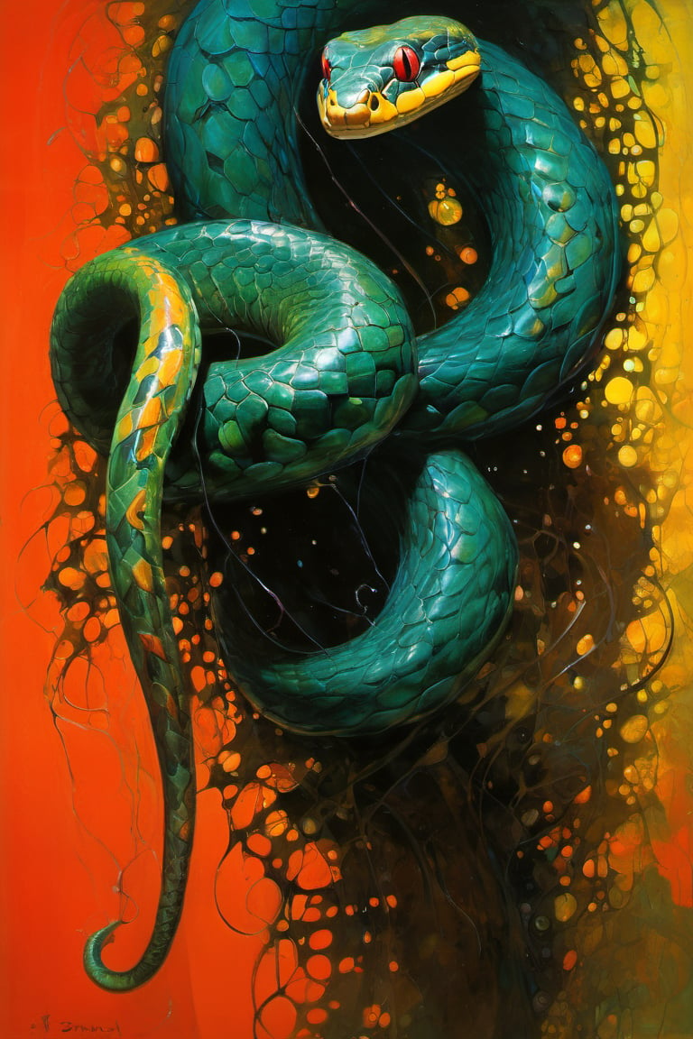  art by simon bisley, art by Brom, art by ralph steadman, art by gustav klimt, a slithering poisonous snake in a tropical jungle, resplendant in colour and intricate detail,  a masterpiece, realistic,  The artwork is a masterpiece, boasting incredible detail and a sense of depth that pulls the viewer in.