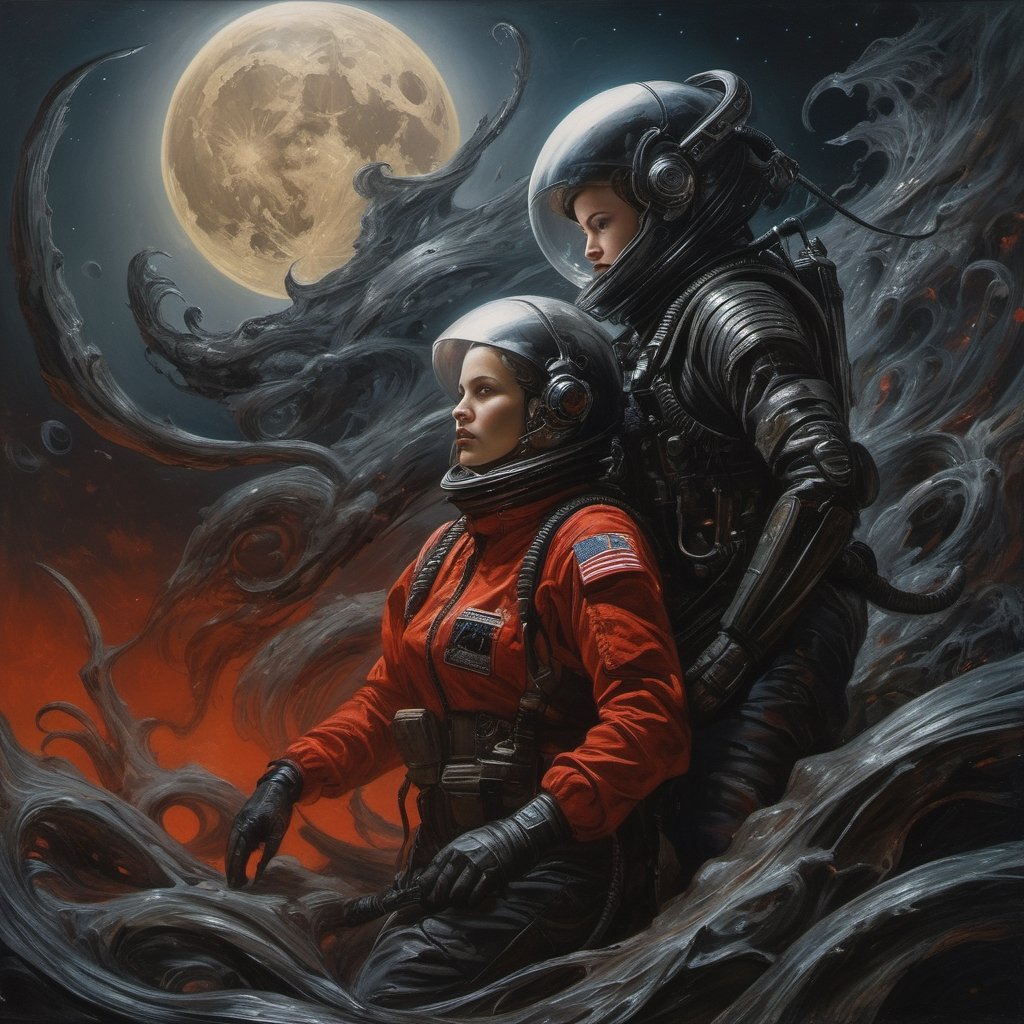 battle between enemies at night, two full moons in the sky, xenomorph, moonlight, intense shadows, dripping blood and sweat, drooling, mess, fighting with military astronauts in red spacesuits, oil portrait, work by H.R. Giger, masterpiece, hyperrealistic oil painting, 18 mm wide angle lens, f2. 8, motion blur for one full second, intense glare, dark shadows, hyperrealistic, masterpiece, 8k,