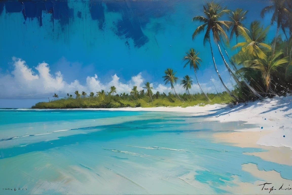 abstract, Cook Islands, as seen from the water, lagoon, white sand, palm trees, bright blue skies, green foliage, turquoise water, thick paint, block palette knife, pastel, in the style of Tony Allain, braod strokes on the knife, dots of paint, splatter, water drops, transparent in places,art by sargent,Oil painting of Mona Lisa ,Leaf