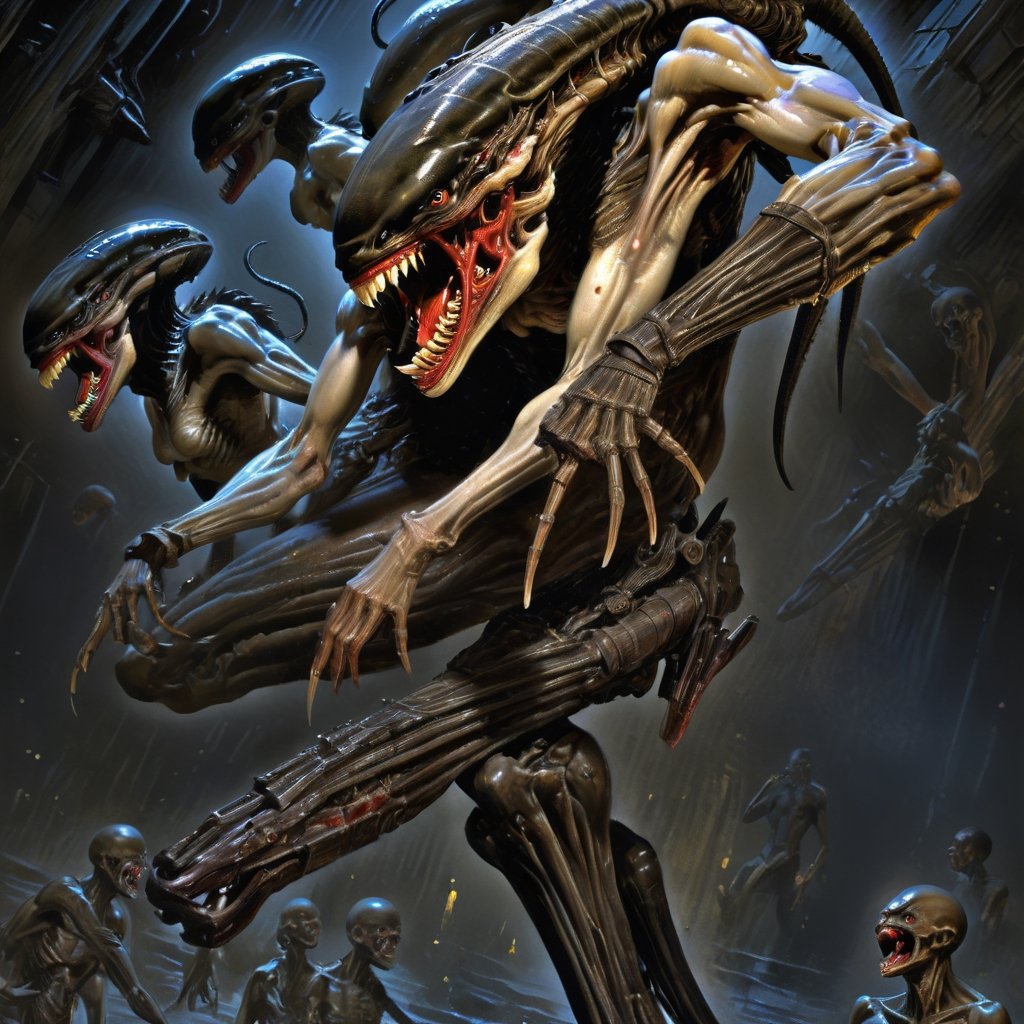 art by Masamune Shirow, art by J.C. Leyendecker, a masterpiece, stunning beauty, hyper-realistic oil painting, vibrant colors, a xenomorph, dark chiarascuro lighting, dripping blood and sweat, messed up, battling human troopers, a telephoto shot, 1000mm lens, f2,8, ,horror,dark theme