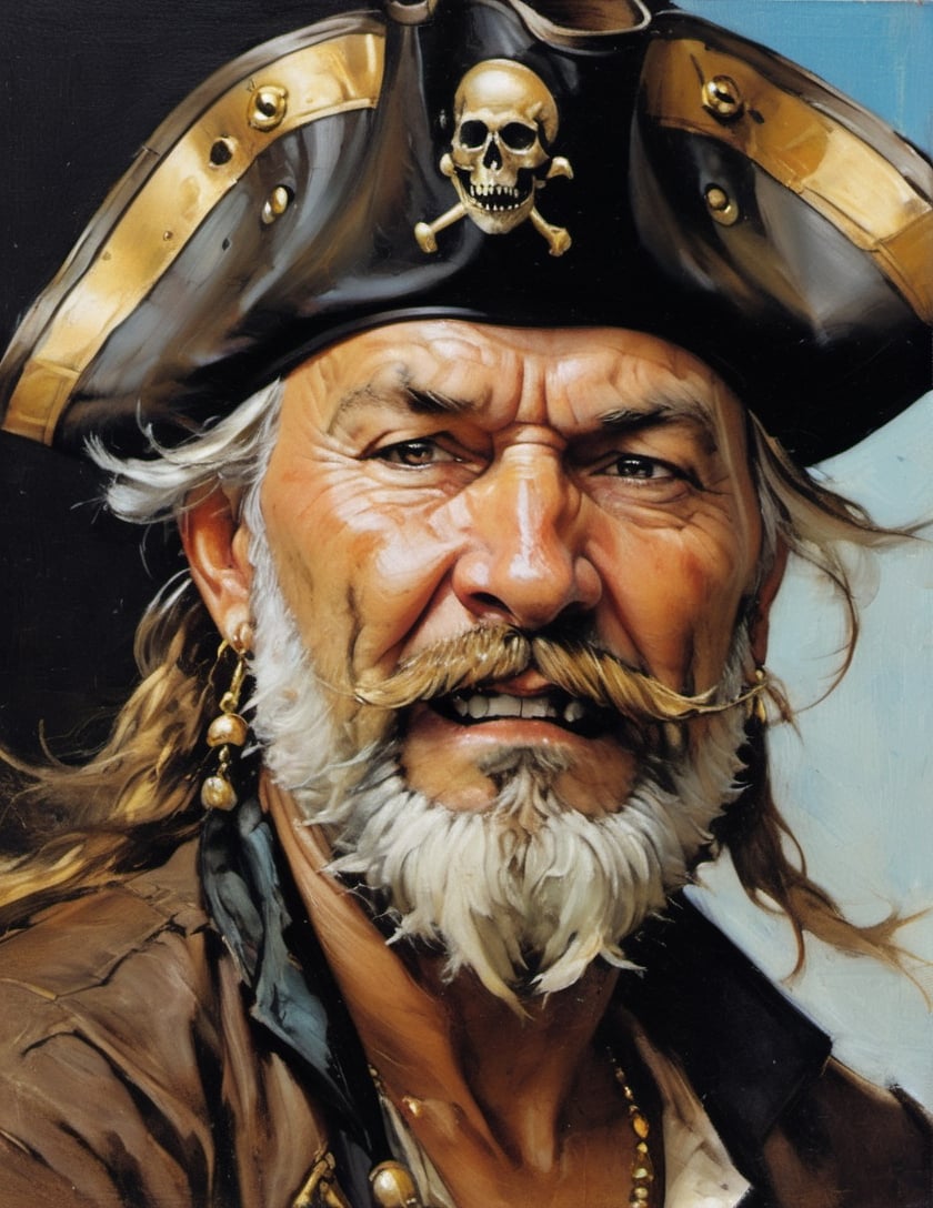 an oil painting portrair, close up of the face, all focus on the eyes, a masterpiece, art by michael carson, a pirate, silverbeard, with two rotten teeth, unkempt beard and moustache, crinkled laughing eyes, wild eyebrow hair, wind swept hair on head, wearing a captains tricorne hat, gold hoop earings, 