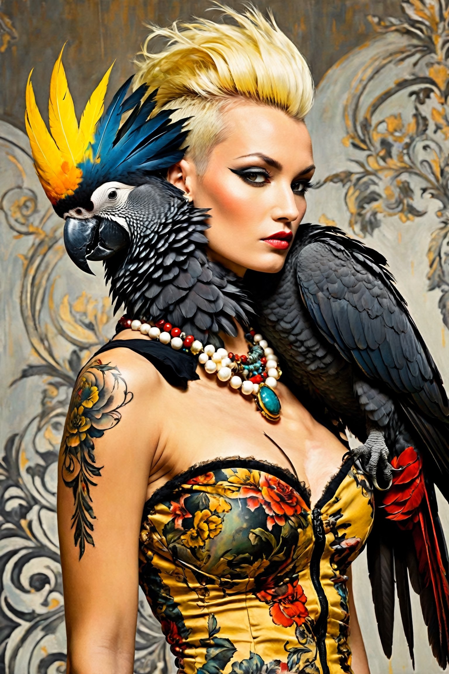 spanish women, black cockatoo, sulphur crested cockatoo, fashionistas, baroque style, art by sergio toppi, art design by sergio toppi, tattoo by ed hardy, shaved hair, neck tattoos andy warhol, heavily muscled, biceps,glam, women, military poster style, ,more detail XL,close up,Oil painting, 8k, highly detailed, in the style of esao andrews,Vogue style,