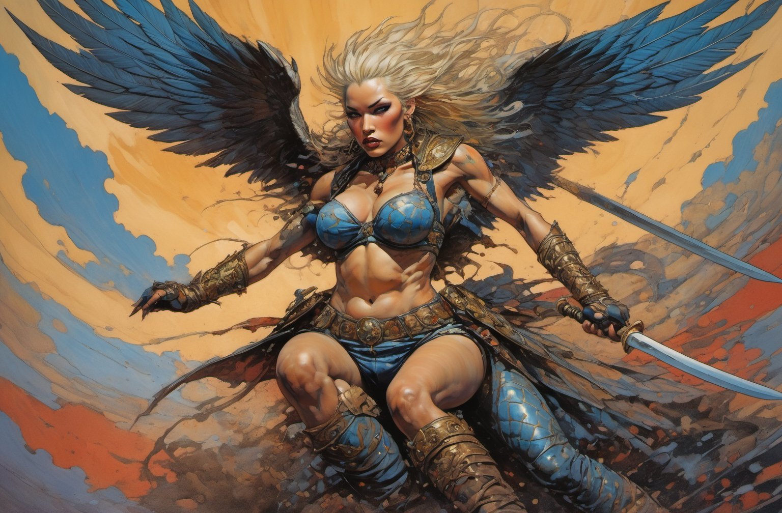 heaven poster, a warrior women, hair is wind blown, huge wings on her back, dramatic blue sky and angry lightening clouds behind her, long battle sword in her right hand, blood dripping from the sword, manga style, an oil painting, a masterpiece, art by TavitaNiko, art by Vallejo, art by Klimt , art by brom, tattoo by ed hardy, shaved hair, neck tattoos andy warhol, heavily muscled, biceps,glam gore, horror, demonic, hell visions, demonic women, military poster style, asian art, chequer board,