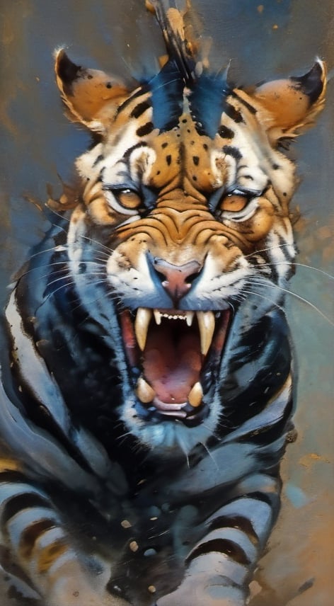 a close up painting, an oil portrait, a masterpiece, a snarling leopard, leopard spots with zebra stripes on its face, art by Sargent, art by frazetta