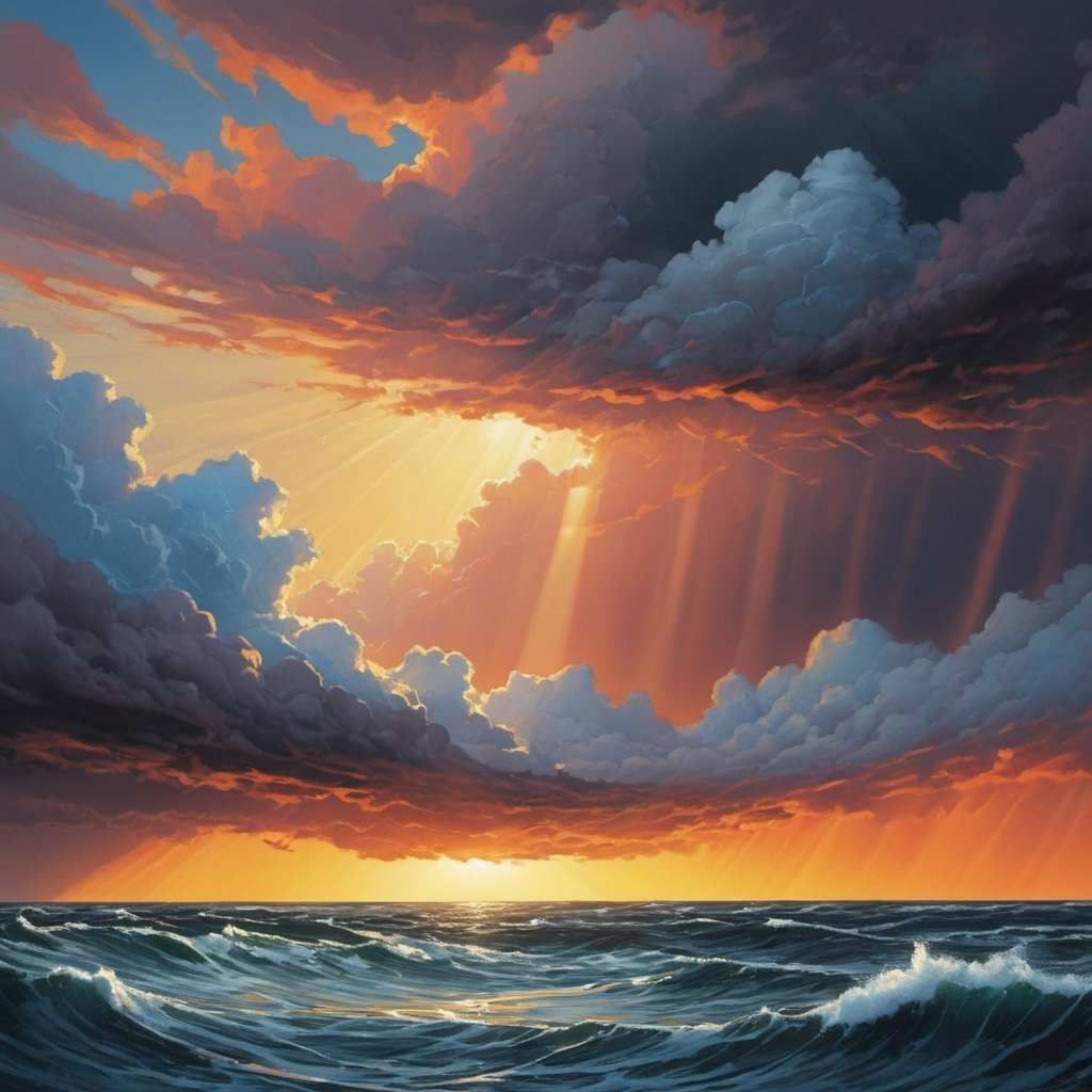  the Pacific Ocean on a stormy day, 5 metre troughs, rain, sun, splashing (((dramatic cloud formation))), poster style,  