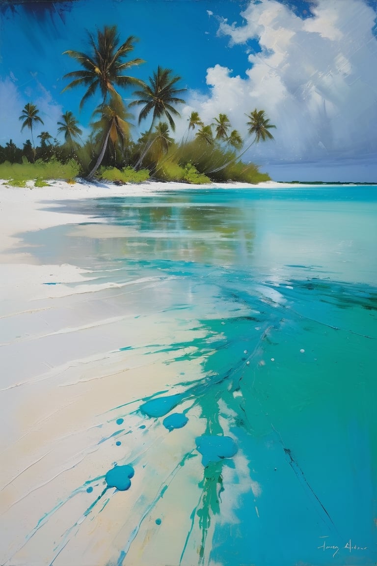 abstract, Cook Islands, as seen from the water, lagoon, white sand, palm trees, bright blue skies, green foliage, turquoise water, thick paint, block palette knife, pastel, in the style of Tony Allain, braod strokes on the knife, dots of paint, splatter, water drops, transparent in places,art by sargent,Oil painting of Mona Lisa ,Leaf