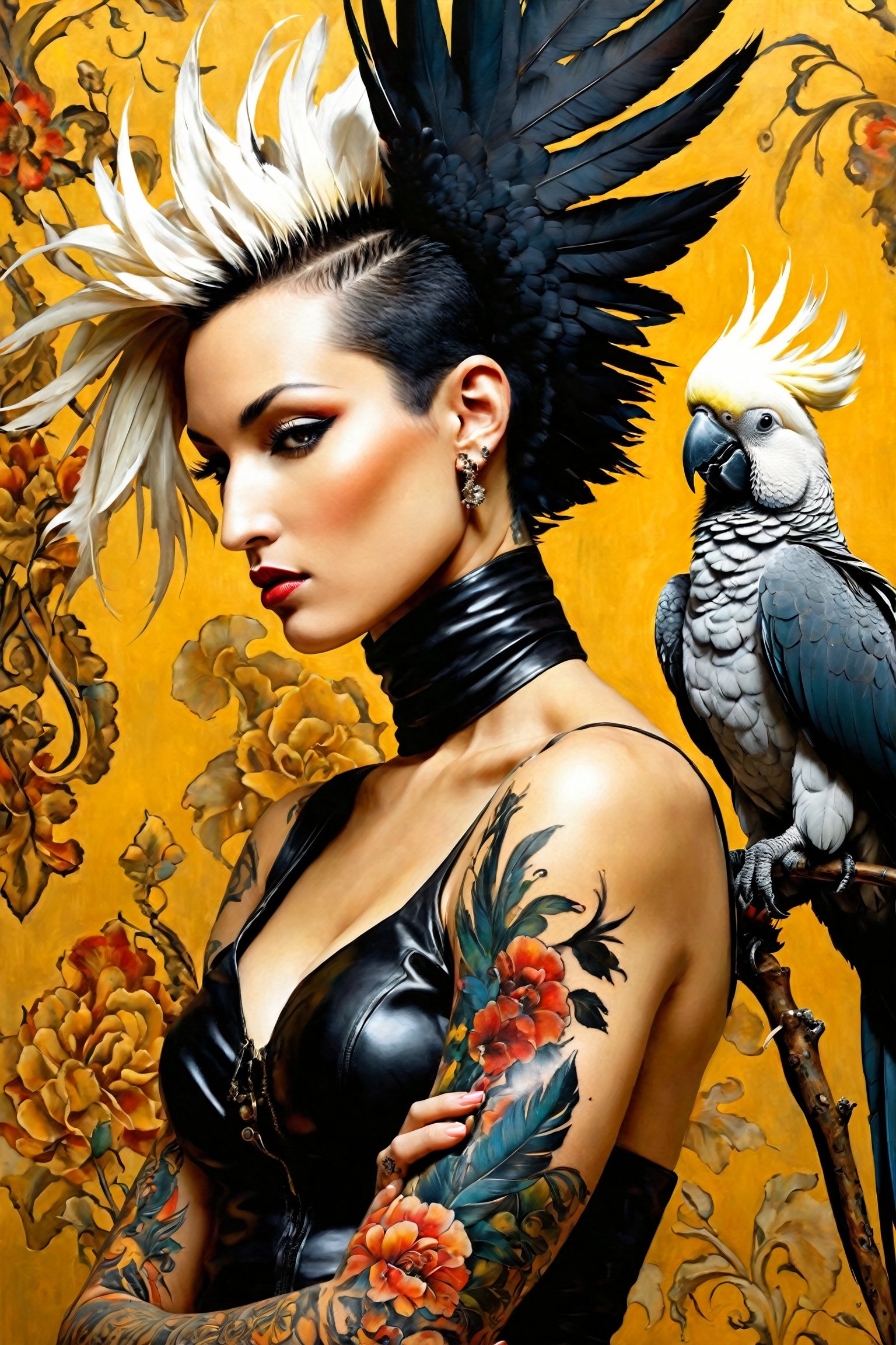 spanish women, black cockatoo, sulphur crested cockatoo, fashionistas, baroque style, art by sergio toppi, art design by sergio toppi, tattoo by ed hardy, shaved hair, neck tattoos andy warhol, heavily muscled, biceps,glam, women, military poster style, ,more detail XL,close up,Oil painting, 8k, highly detailed, in the style of esao andrews,Vogue style,
