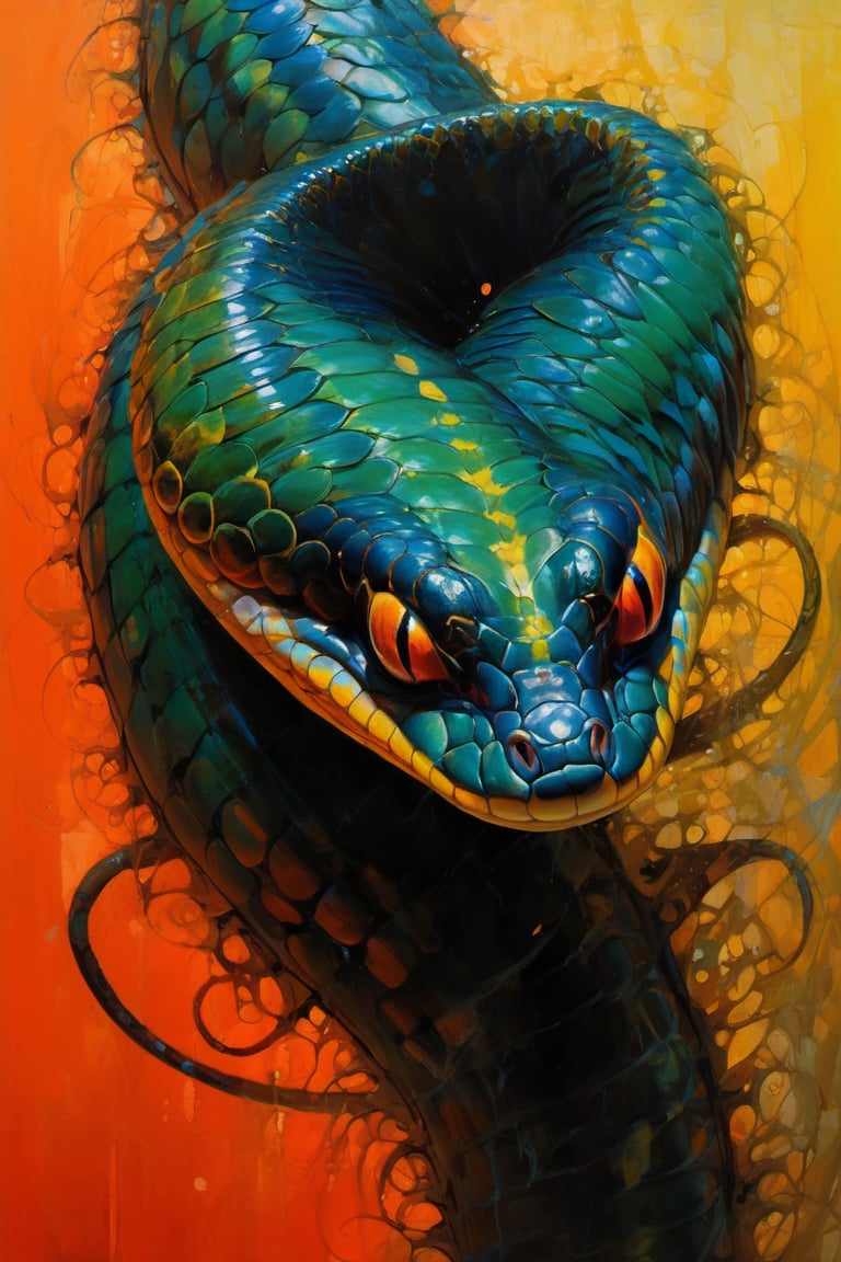  art by simon bisley, art by Brom, art by ralph steadman, art by gustav klimt, a slithering poisonous snake in a tropical jungle, resplendant in colour and intricate detail,  a masterpiece, realistic,  The artwork is a masterpiece, boasting incredible detail and a sense of depth that pulls the viewer in.