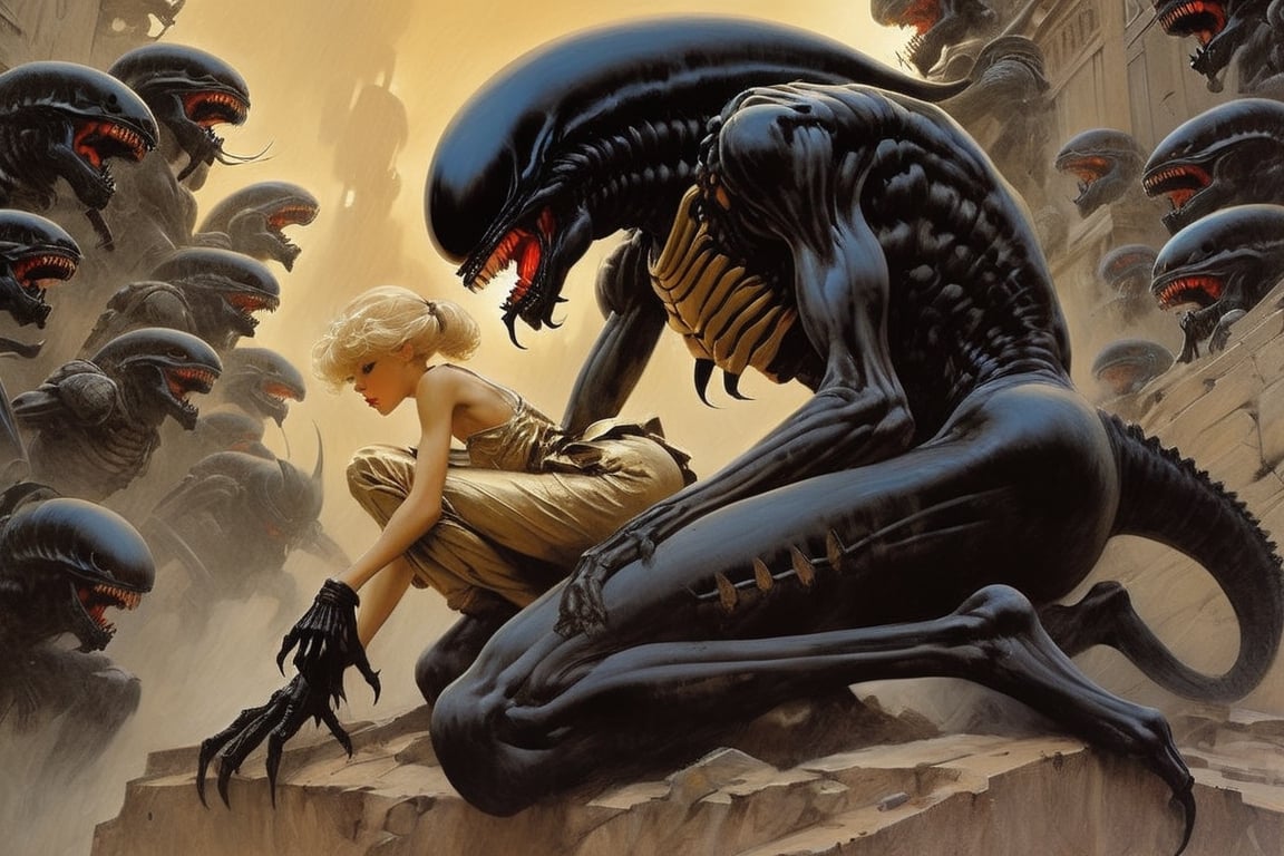 art by Masamune Shirow, art by J.C. Leyendecker, a masterpiece, stunning beauty, hyper-realistic oil painting, vibrant colors, a xenomorph, dark chiarascuro lighting, dripping blood and sweat, messed up, battling human troopers, a telephoto shot, 1000mm lens, f2,8, ,digital artwork by Beksinski, 