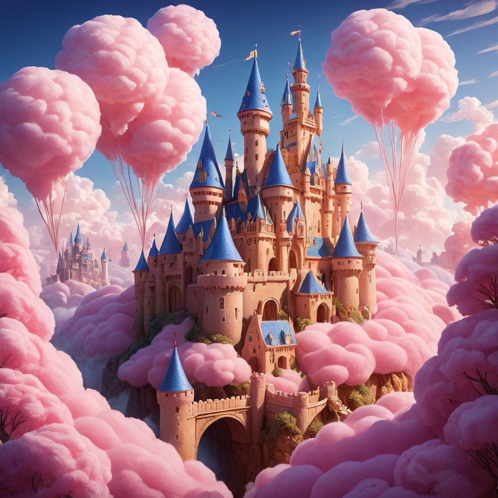 In a breathtakingly rendered fantasy landscape, a majestic castle rises high on a hill, its flags waving majestically in the gentle breeze. Turrets stretch towards the sky, adorned with intricate details and vibrant colors. The sweet-scented village below is a kaleidoscope of tropical delights: cotton candy clouds, cookie-shaped buildings, sugar-coated trees, and shimmering fruit stands. Dramatic lighting casts a warm glow, accentuating rounded corners and sparkling textures. A gradient of colors blooms across the scenery, from deep blues to radiant yellows. The overall effect is a sumptuous, 8K masterpiece that transports viewers to a whimsical world of wonder.