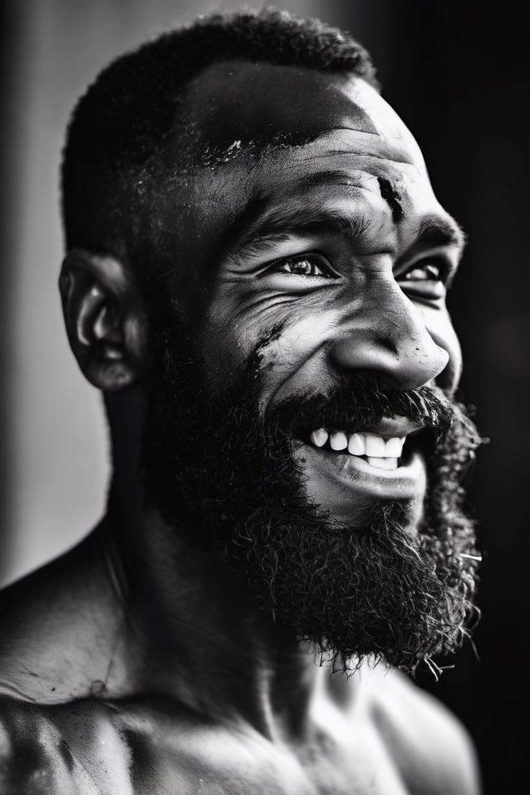 a defeated bare knuckle boxer male, old b;ack african man, head uncovered,  battle scarred, solo, looking at viewer, 1 man, monochrome, upper body, greyscale, male focus, 2 ft facial hair,2 ft beard, 12 inch mustache, old, old man, no clothing, long bushy unkempt hair, long bushy beard, wild and windswept, forlorn, a worn out worried look in his eyes and face, all focus on the eyes, short 2 inch depth of field, tamron 1000 mm telephoto lens, f2.8, cinematic angle, looking from above the eyeline down back at the man, angled, extreme close up shot,  eyes only, teeth bashed out, swollen eye, broken nose, cut eyebrows, no teeth, a towel, a singlet, bloodstained, mouth open and smiling , few teeth, 