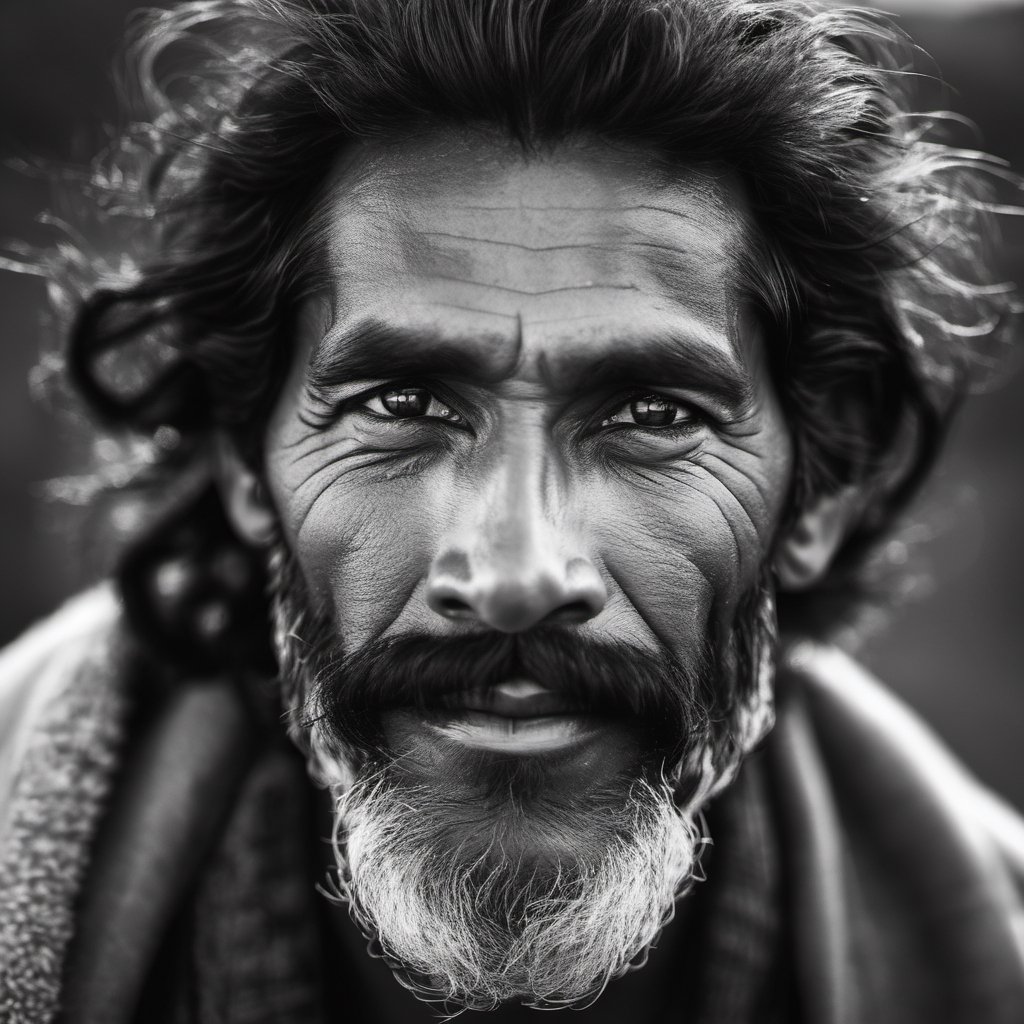 an aboriginal man,  a native from australia, head uncovered,  solo, looking at viewer, 1 man, monochrome, upper body, greyscale, male focus, 2 ft facial hair,2 ft beard, 12 inch mustache, old, old man, no clothing, long bushy unkempt hair, long bushy beard, wild and windswept, all focus on the eyes, short 2 inch depth of field, tamron 1000 mm telephoto lens, f2.8, cinematic angle, looking from above the eyeline down back at the man, angled, extreme close up shot,  eyes only, smiling , few teeth, 