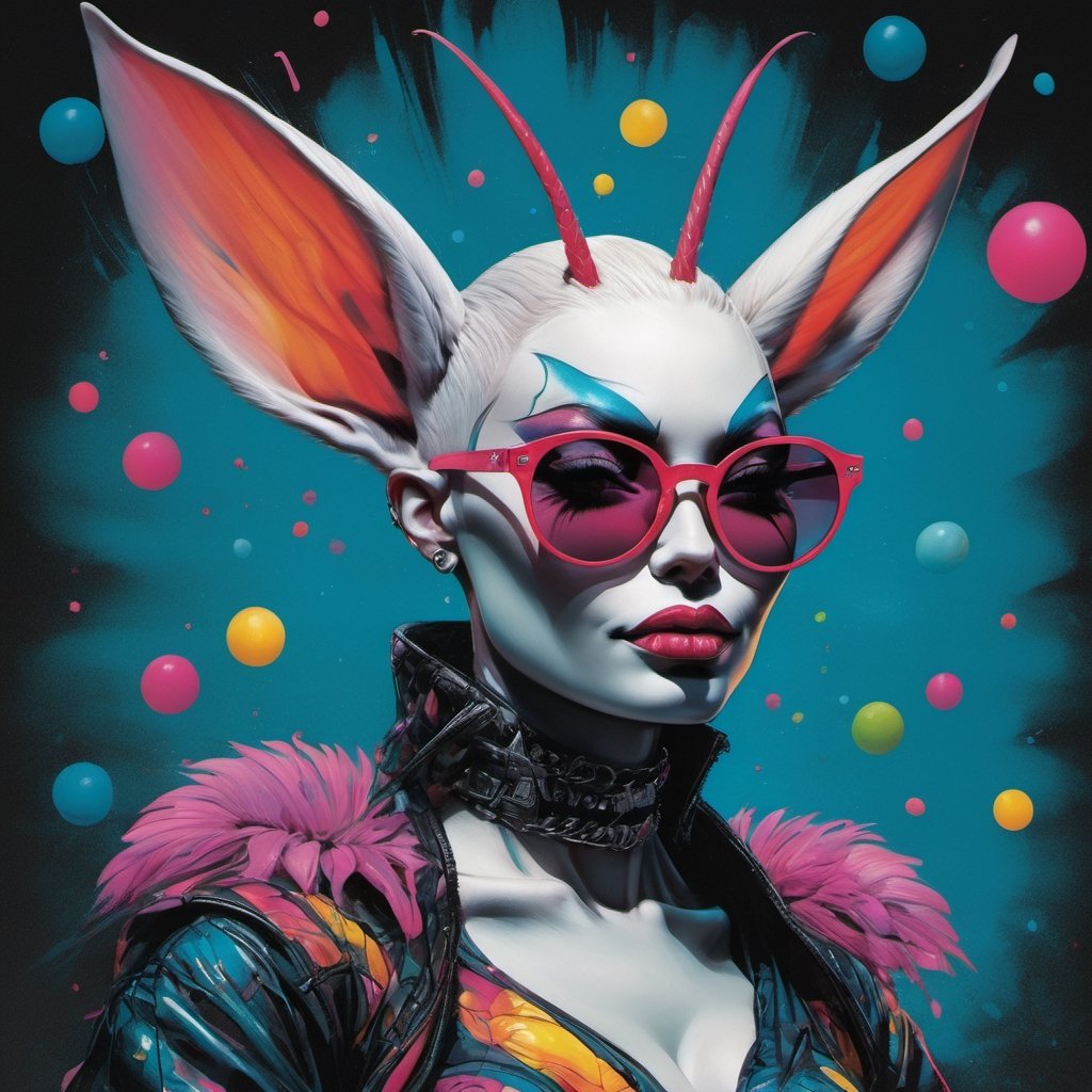 vogue easter bunny portrait, Horror Comics style, art by brom, smiling, lennon sunglasses, rabbit ears, rabbit nose, rabbit fur, punk hairdo, tattoo by ed hardy, shaved hair, playboy bunny outfit, bunny tail, neck tattoos by andy warhol, heavily muscled, biceps, glam gore, horror, poster style, flower garden, Easter eggs, coloured foil, oversized monarch butterflies, tropical fish, flower garden, 