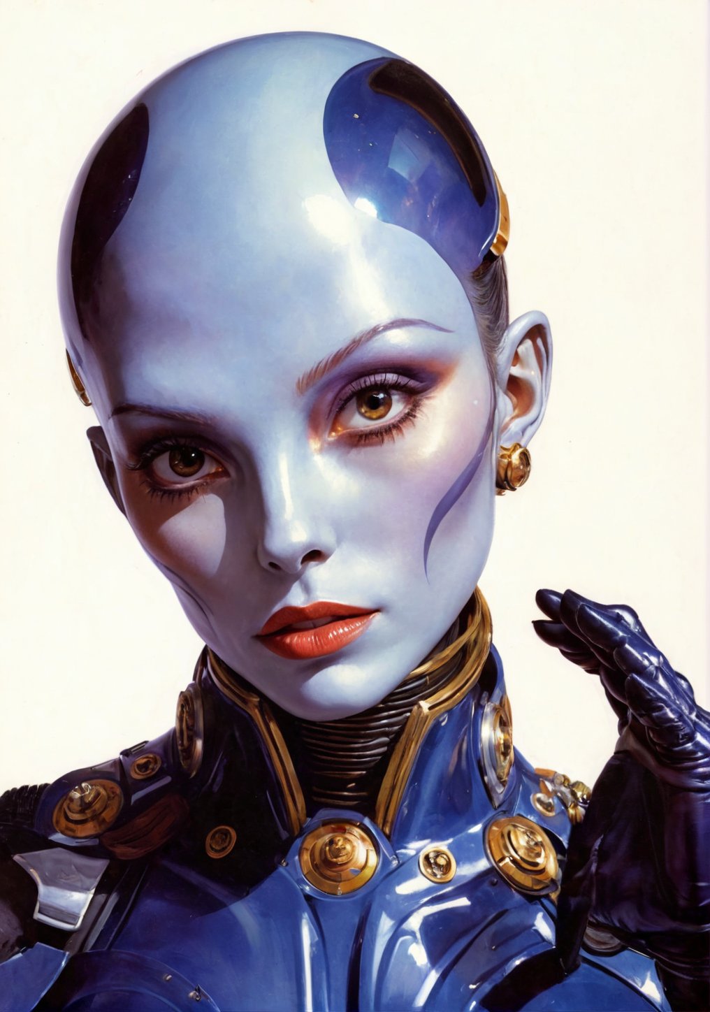 art by Masamune Shirow, art by J.C. Leyendecker, art by simon bisley, art by ralph steadman, a masterpiece, stunning beauty, hyper-realistic oil painting, star wars alien creatures, a portrait picture, incredible detail, fantasy portrait, alien skin, breathing apparatus, scales, gills, , kaleidoscope graffiti background,