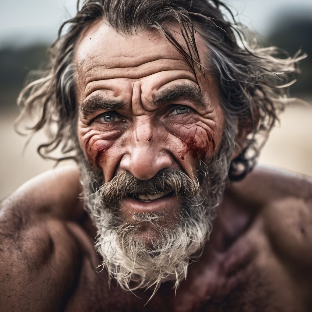 a defeated bare knuckle boxer male, old man, head uncovered,  battle scarred, solo, looking at viewer, 1 man, monochrome, upper body, greyscale, male focus, 2 ft facial hair,2 ft beard, 12 inch mustache, old, old man, no clothing, long bushy unkempt hair, long bushy beard, wild and windswept, forlorn, a worn out worried look in his eyes and face, all focus on the eyes, short 2 inch depth of field, tamron 1000 mm telephoto lens, f2.8, cinematic angle, looking from above the eyeline down back at the man, angled, extreme close up shot,  eyes only, teeth bashed out, swollen eye, broken nose, cut eyebrows, no teeth, a towel, a singlet, bloodstained, mouth open and smiling , few teeth, 