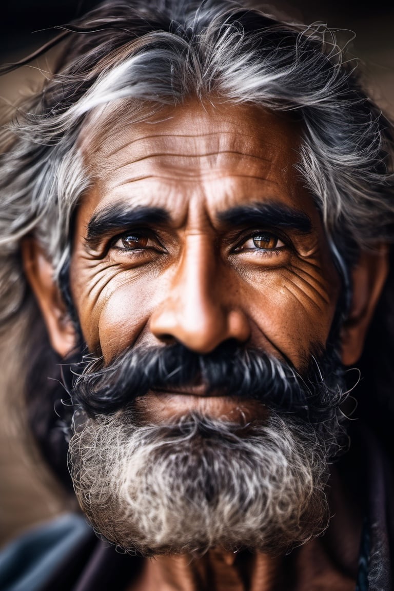 an aboriginal man,  a native from australia, head uncovered,  solo, looking at viewer, 1 man, monochrome, upper body, greyscale, male focus, 2 ft facial hair,2 ft beard, 12 inch mustache, old, old man, no clothing, long bushy unkempt hair, long bushy beard, wild and windswept, all focus on the eyes, short 2 inch depth of field, tamron 1000 mm telephoto lens, f2.8, cinematic angle, looking from above the eyeline down back at the man, angled, extreme close up shot,  eyes only, smiling , few teeth, 