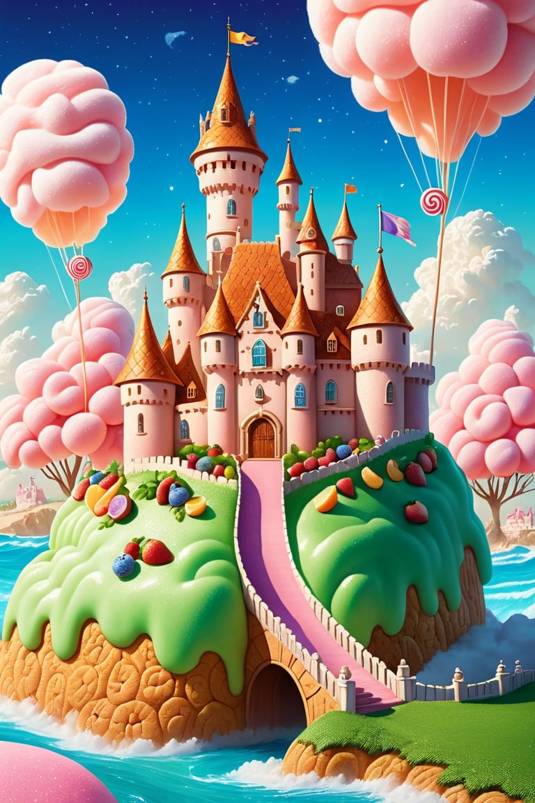 Here's a prompt that combines the requested elements:

A breathtakingly detailed, 8K masterpiece of a castle perched high on a hill, its turrets and flags standing tall amidst a stunning portrait of a fantasy candy village below. The scenery is set against a picturesque tropical beachside backdrop with a clear blue sky, fluffy white clouds, and lush green grass. A cornucopia of colorful sweets and treats spill out from the village, including cotton candy, cookies, and juicy fruits, all glistening under dramatic lighting that casts a warm glow. Rounded corners and intricate details abound, with subtle gradients and a dash of glitter for added visual interest.