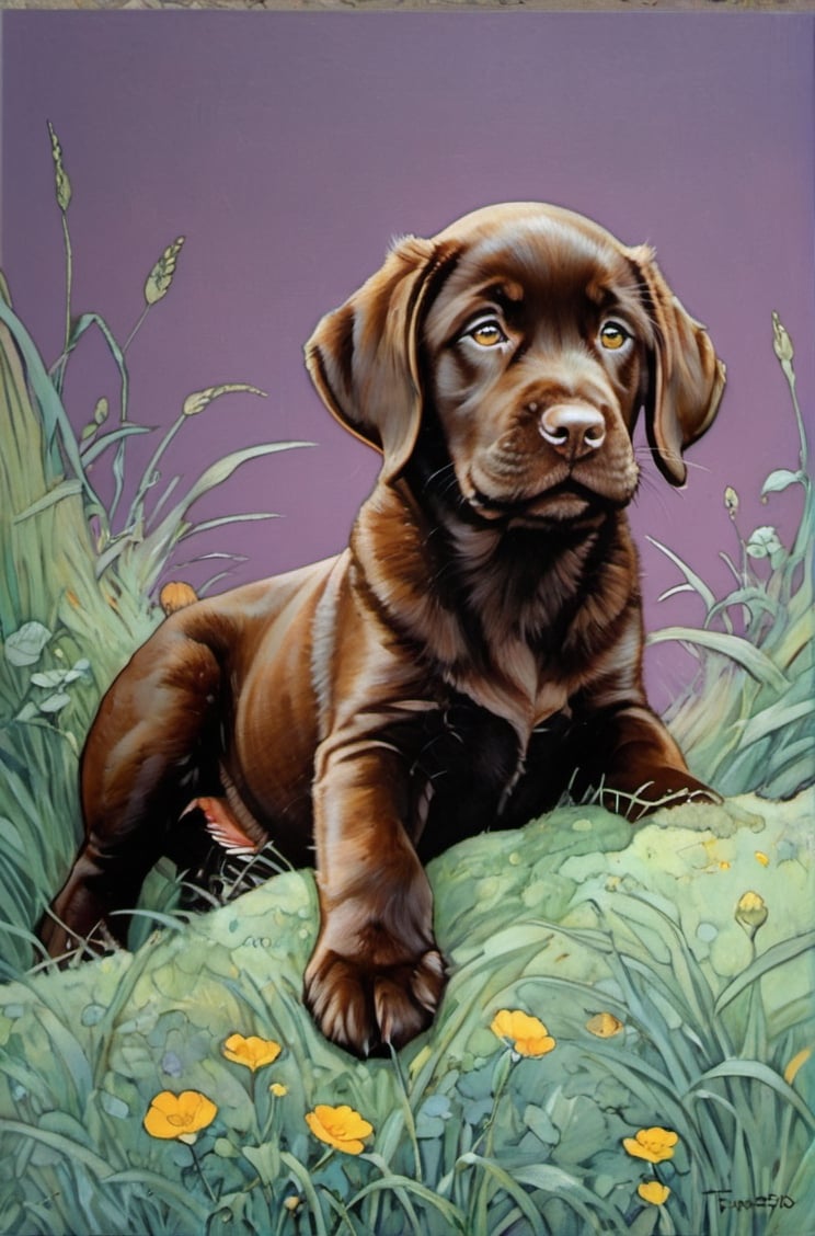  art nouveau style, an oil painting, a masterpiece, a chocolate Labrador puppy, art by TavitaNiko, art by mel odom, art by Klimt , art by brom, art by Warhol, art by frazetta, poster style, Russian art, mint green grass, chocolate puppy fur, 