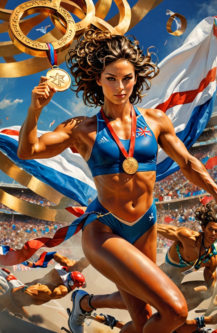 olympic carving by michelangelo, art by simon bisley, art by Boris Vallejo , a masterpiece, stunning beauty, hyper-realistic movie poster, 8k, olympic stadium athletes, bronze medal, silver medal, gold medal, olympic rings, a british olympic athlete,  a telephoto portrait picture, background blurred, incredible detail, fantasy portrait, smooth skin, kaleidoscope graffiti background, artint, frutiger, An Olympic athlete stands triumphantly, gold medal held aloft in one hand.  The artwork is a masterpiece, boasting incredible detail and a sense of depth that pulls the viewer in.