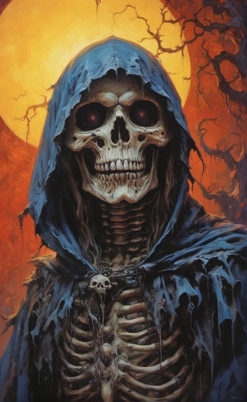 art by Masamune Shirow, art by J.C. Leyendecker, art by boris vallejo, a masterpiece, hyper-realistic oil painting, vibrant colors, Horror Comics style, art by brom, tattoo by ed hardy, a creepy skeleton wearing a hooded cloak, horror, dark chiarascuro lighting, a telephoto shot, 1000mm lens, f2,8 , , illustration,  ,perfecteyes,