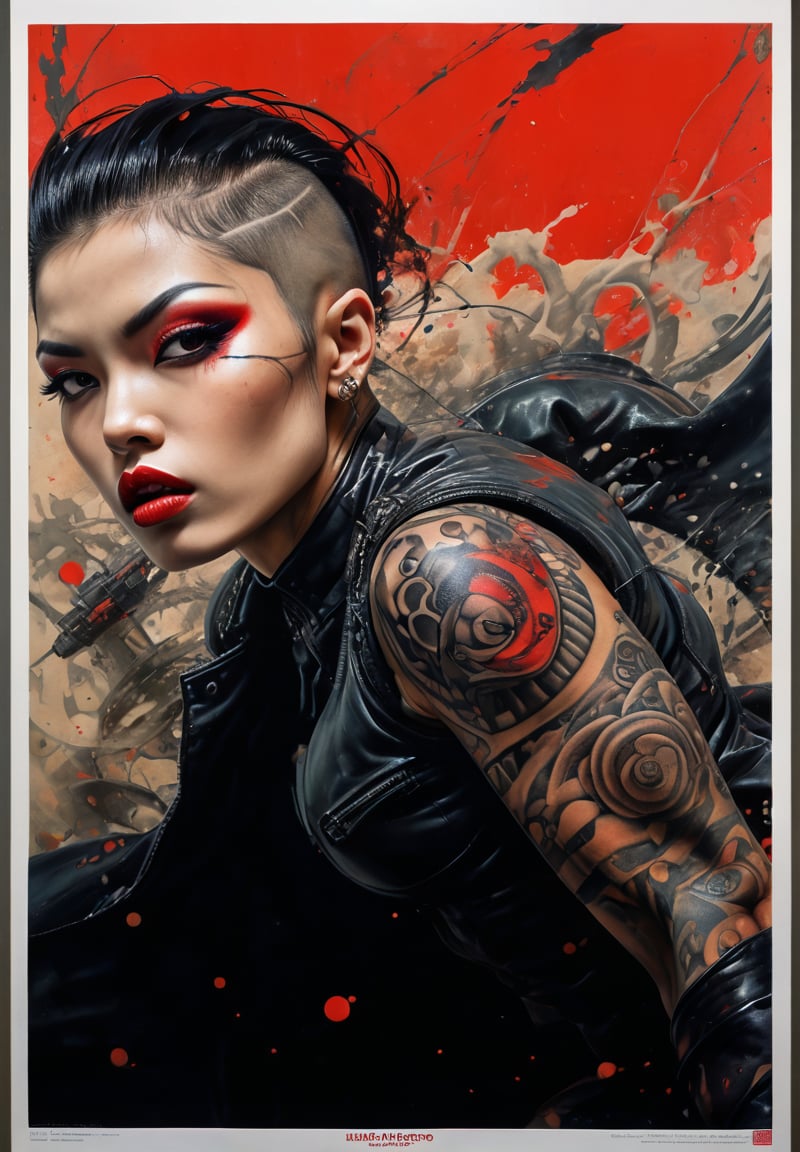 hell poster, manga style, an oil painting, a masterpiece, art by TavitaNiko, art by Vallejo, art by Klimt , art by giger, tattoo by ed hardy, shaved hair, neck tattoos andy warhol, heavily muscled, biceps,glam gore, horror, demonic, hell visions, demonic women, military poster style, asian art, chequer board,